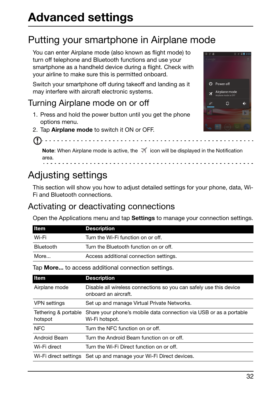 Advanced settings, Putting your smartphone in airplane mode, Turning airplane mode on or off | Adjusting settings, Activating or deactivating connections | Acer Liquid Glow User Manual | Page 32 / 60