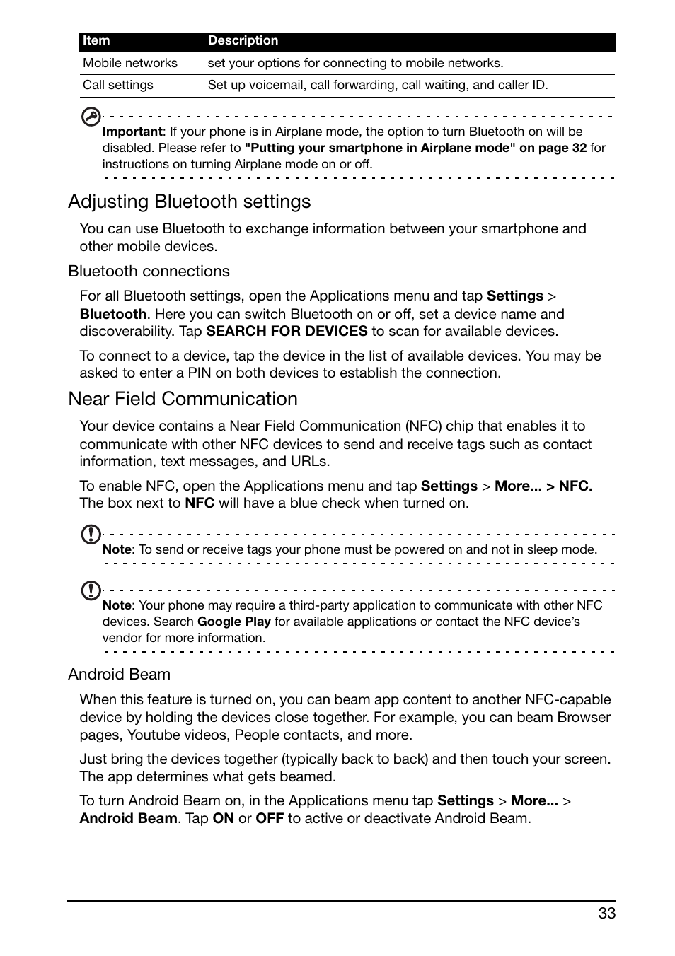 Adjusting bluetooth settings, Near field communication | Acer Liquid Glow User Manual | Page 33 / 60