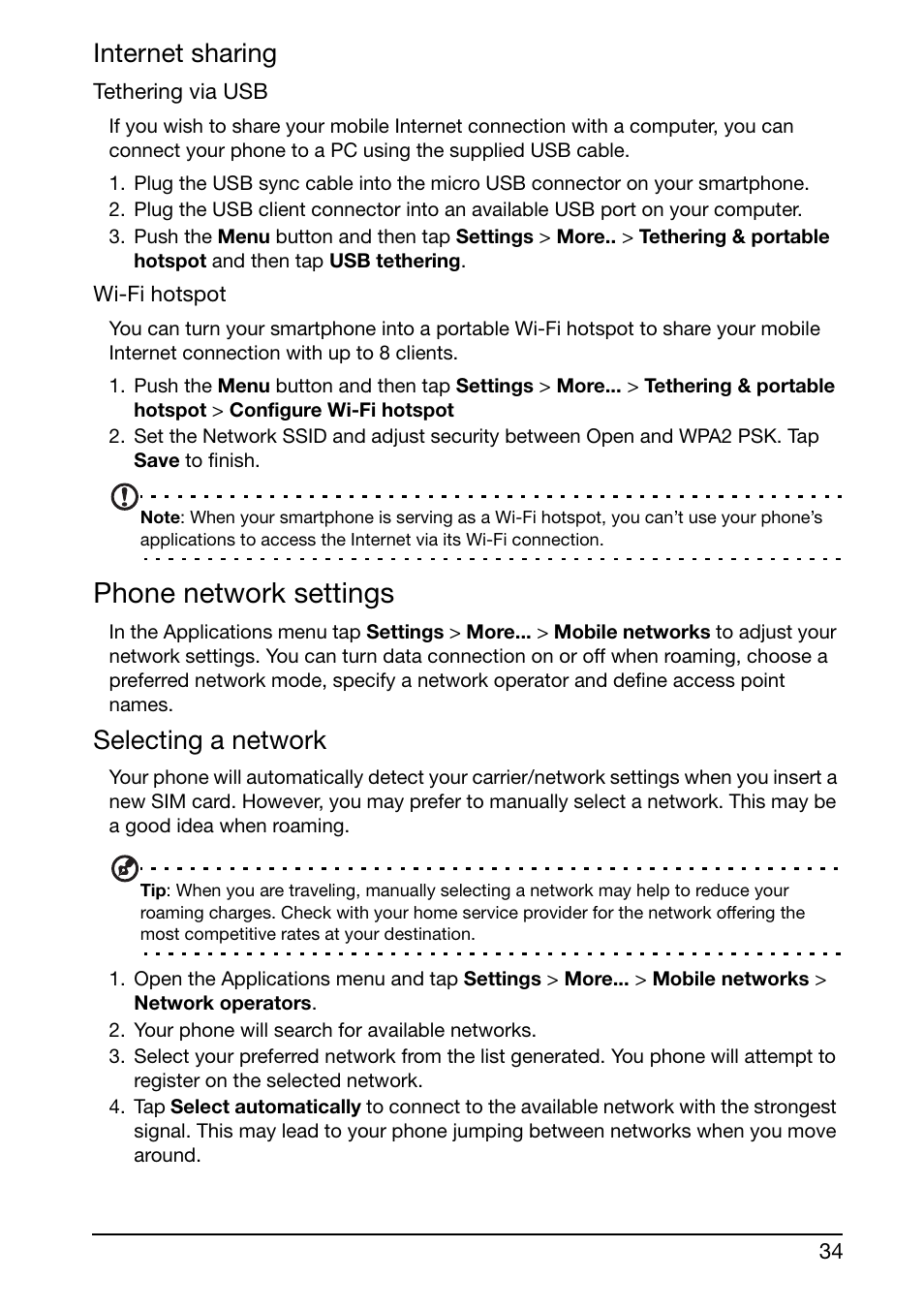 Phone network settings, Internet sharing, Selecting a network | Acer Liquid Glow User Manual | Page 34 / 60