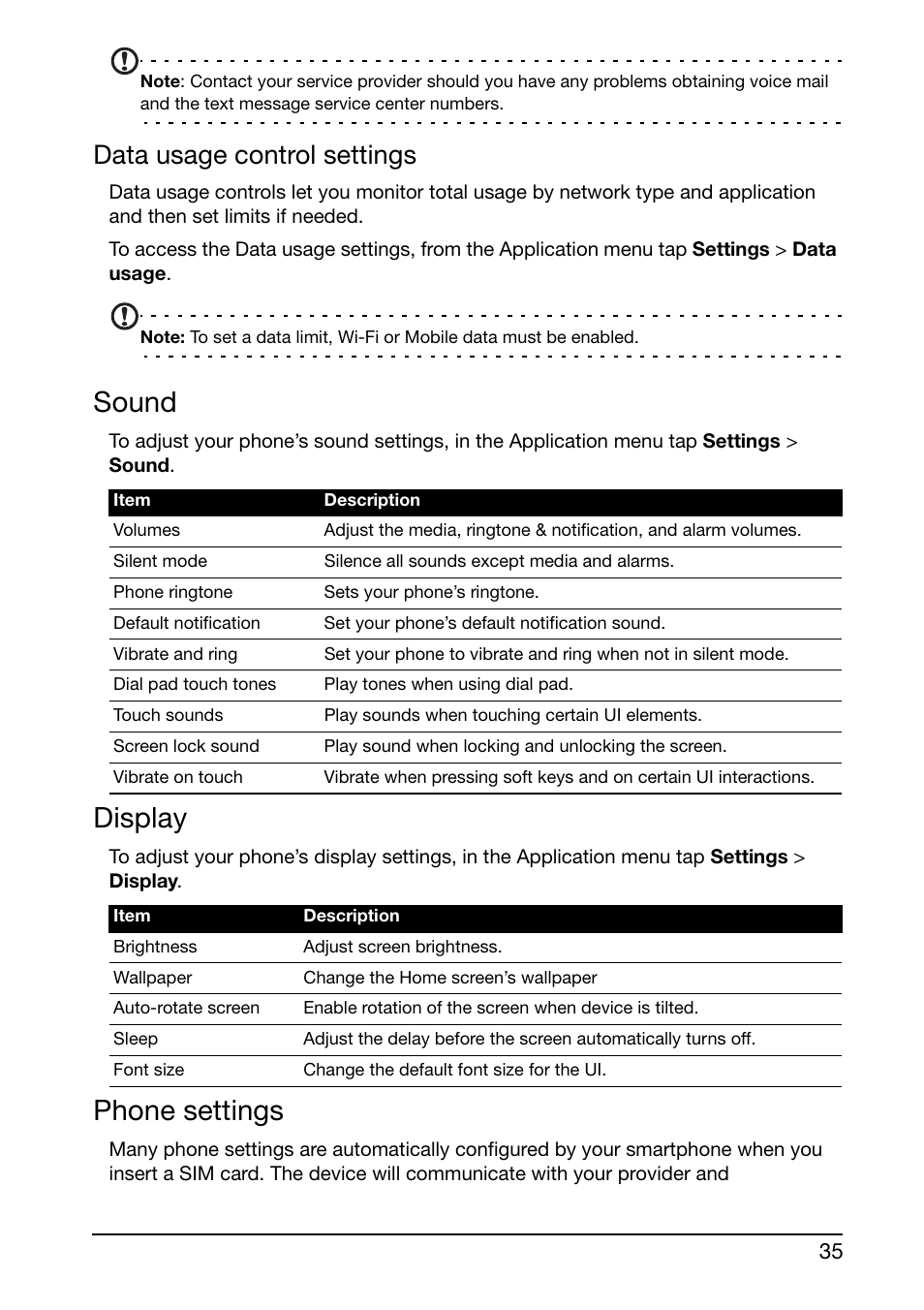 Sound, Display, Phone settings | Data usage control settings | Acer Liquid Glow User Manual | Page 35 / 60