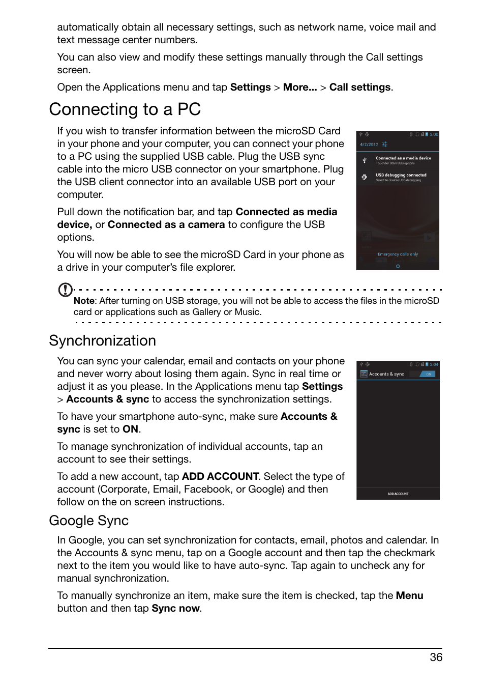 Connecting to a pc, Synchronization, Google sync | Acer Liquid Glow User Manual | Page 36 / 60