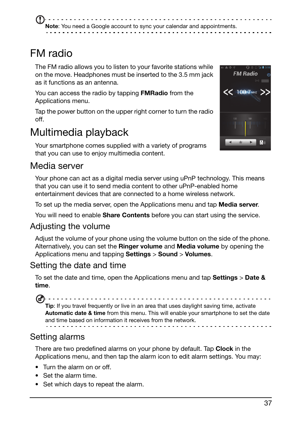 Fm radio, Multimedia playback, Media server | Fm radio multimedia playback, Adjusting the volume, Setting the date and time, Setting alarms | Acer Liquid Glow User Manual | Page 37 / 60