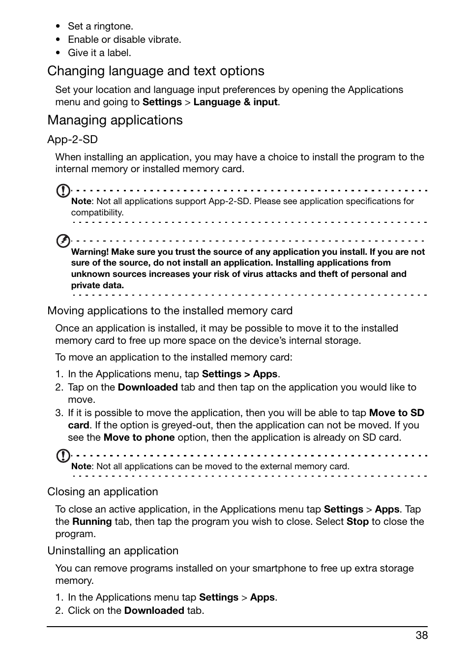 Changing language and text options, Managing applications | Acer Liquid Glow User Manual | Page 38 / 60