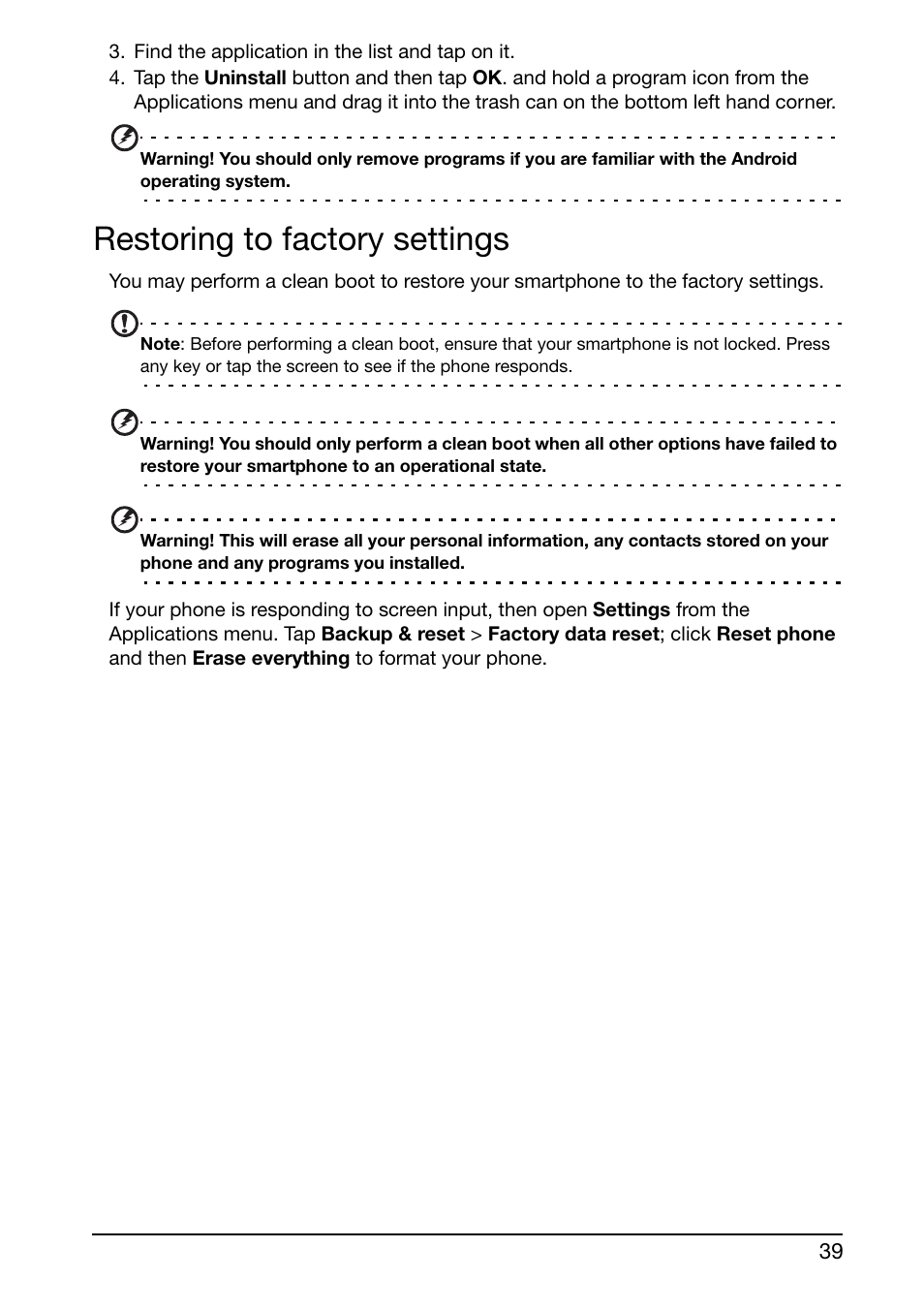 Restoring to factory settings | Acer Liquid Glow User Manual | Page 39 / 60