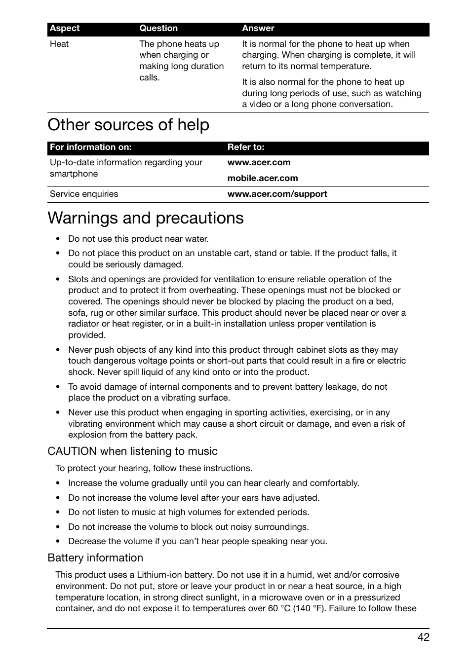 Other sources of help, Warnings and precautions, Other sources of help warnings and precautions | Acer Liquid Glow User Manual | Page 42 / 60