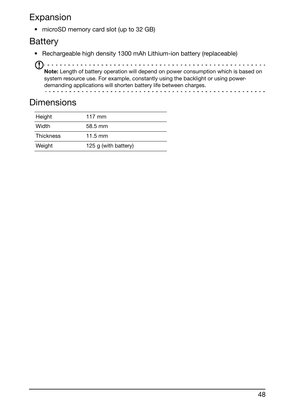 Expansion, Battery, Dimensions | Acer Liquid Glow User Manual | Page 48 / 60