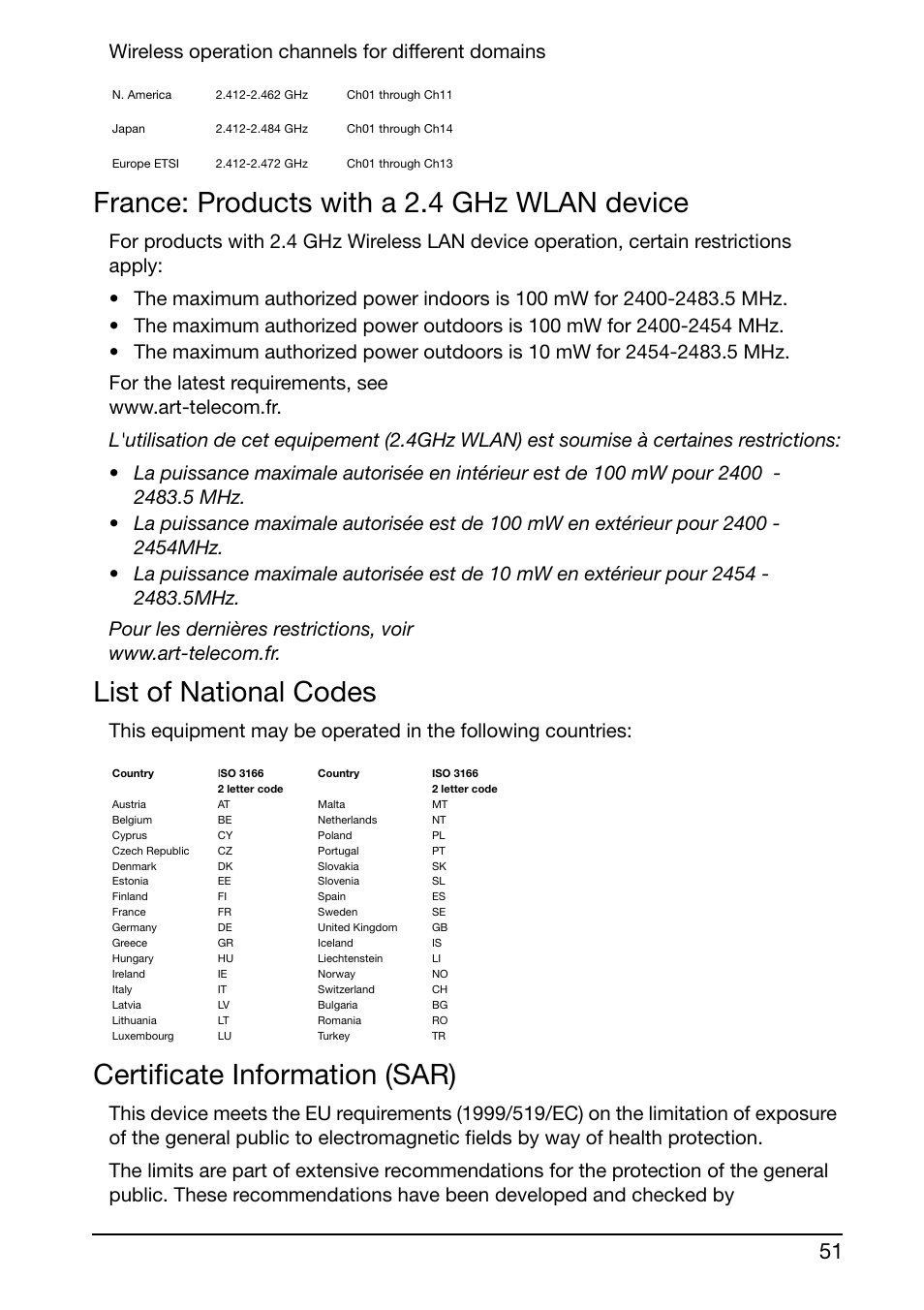 France: products with a 2.4 ghz wlan device, List of national codes, Certificate information (sar) | Wireless operation channels for different domains | Acer Liquid Glow User Manual | Page 51 / 60