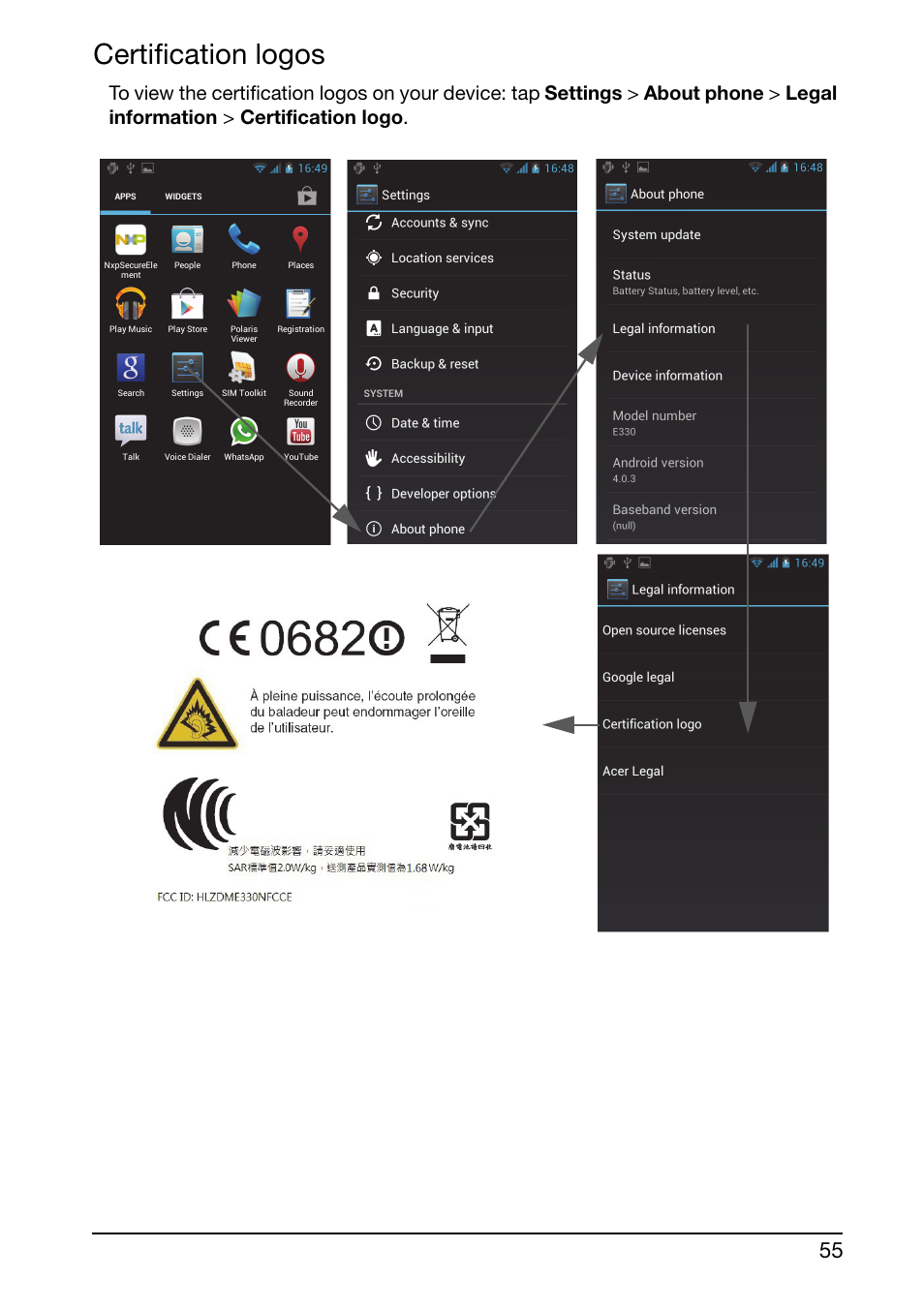 Certification logos | Acer Liquid Glow User Manual | Page 55 / 60