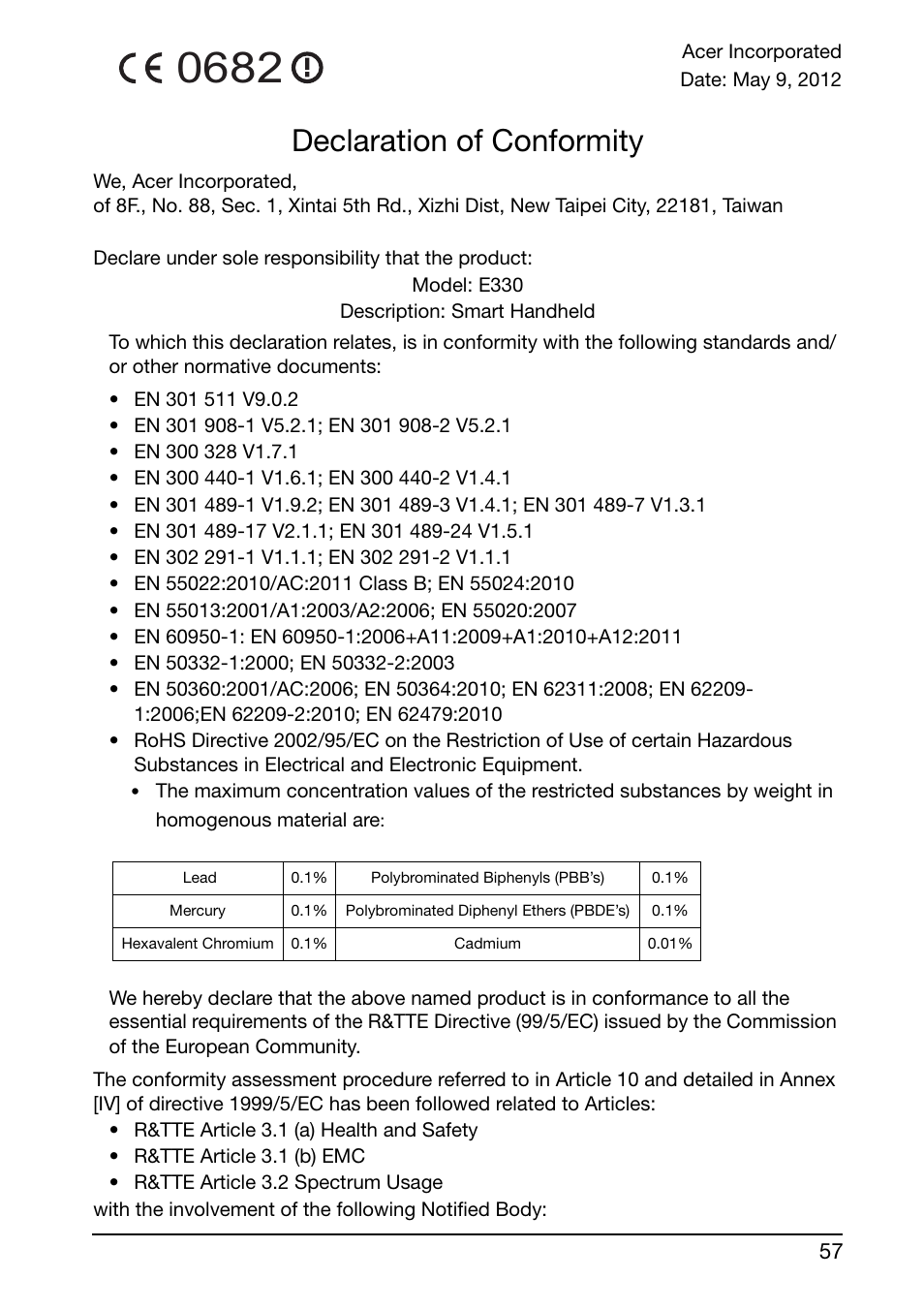 Declaration of conformity | Acer Liquid Glow User Manual | Page 57 / 60