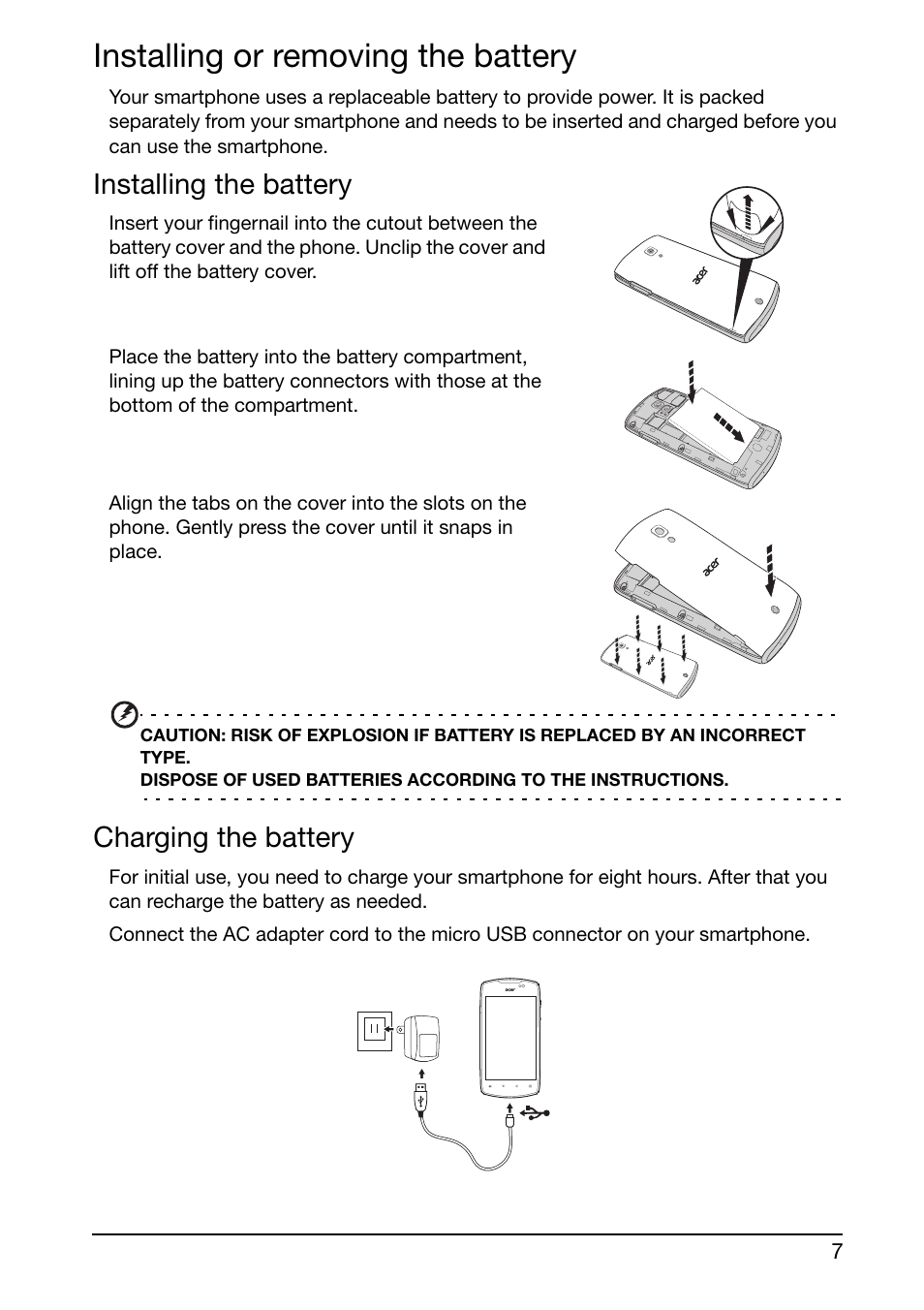 Installing or removing the battery, Installing the battery, Charging the battery | Acer Liquid Glow User Manual | Page 7 / 60