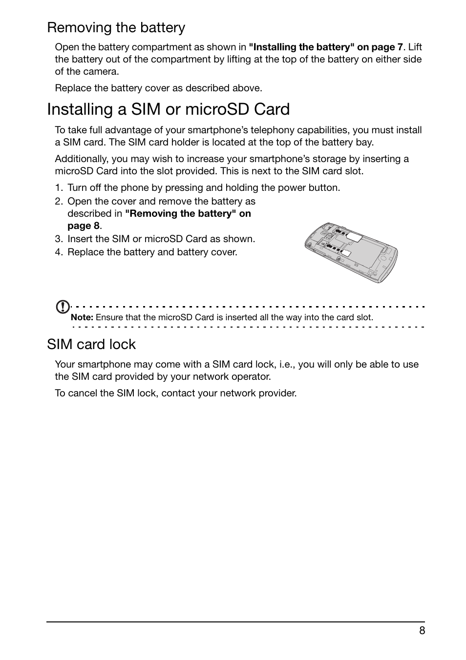 Removing the battery, Installing a sim or microsd card, Sim card lock | Acer Liquid Glow User Manual | Page 8 / 60