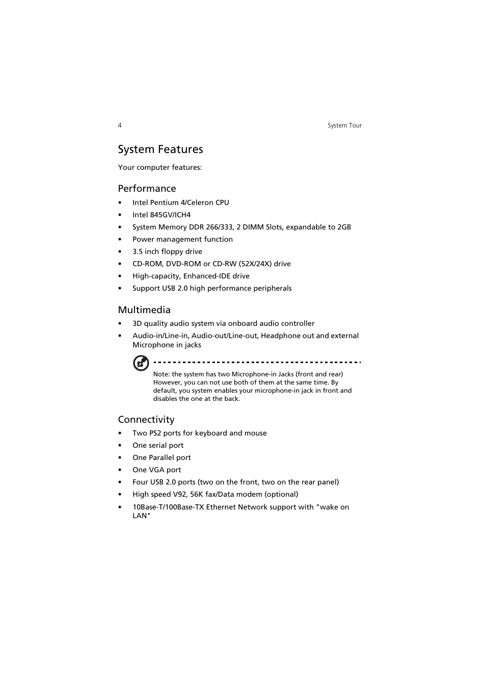 System features, Performance, Multimedia | Connectivity | Acer AcerPower SV User Manual | Page 10 / 30