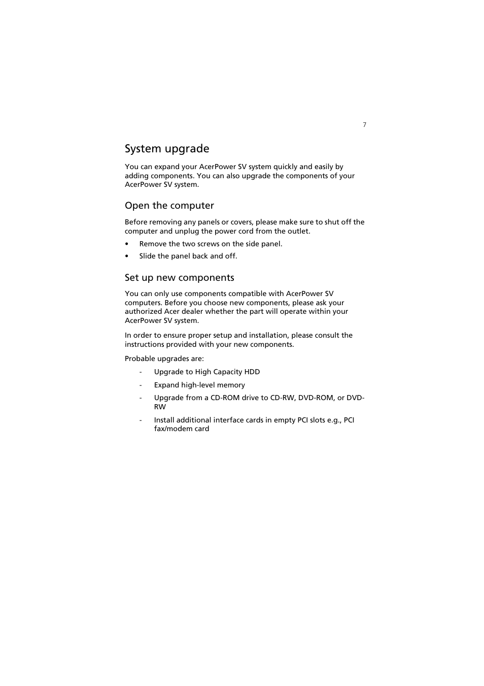 System upgrade, Open the computer, Set up new components | Acer AcerPower SV User Manual | Page 13 / 30