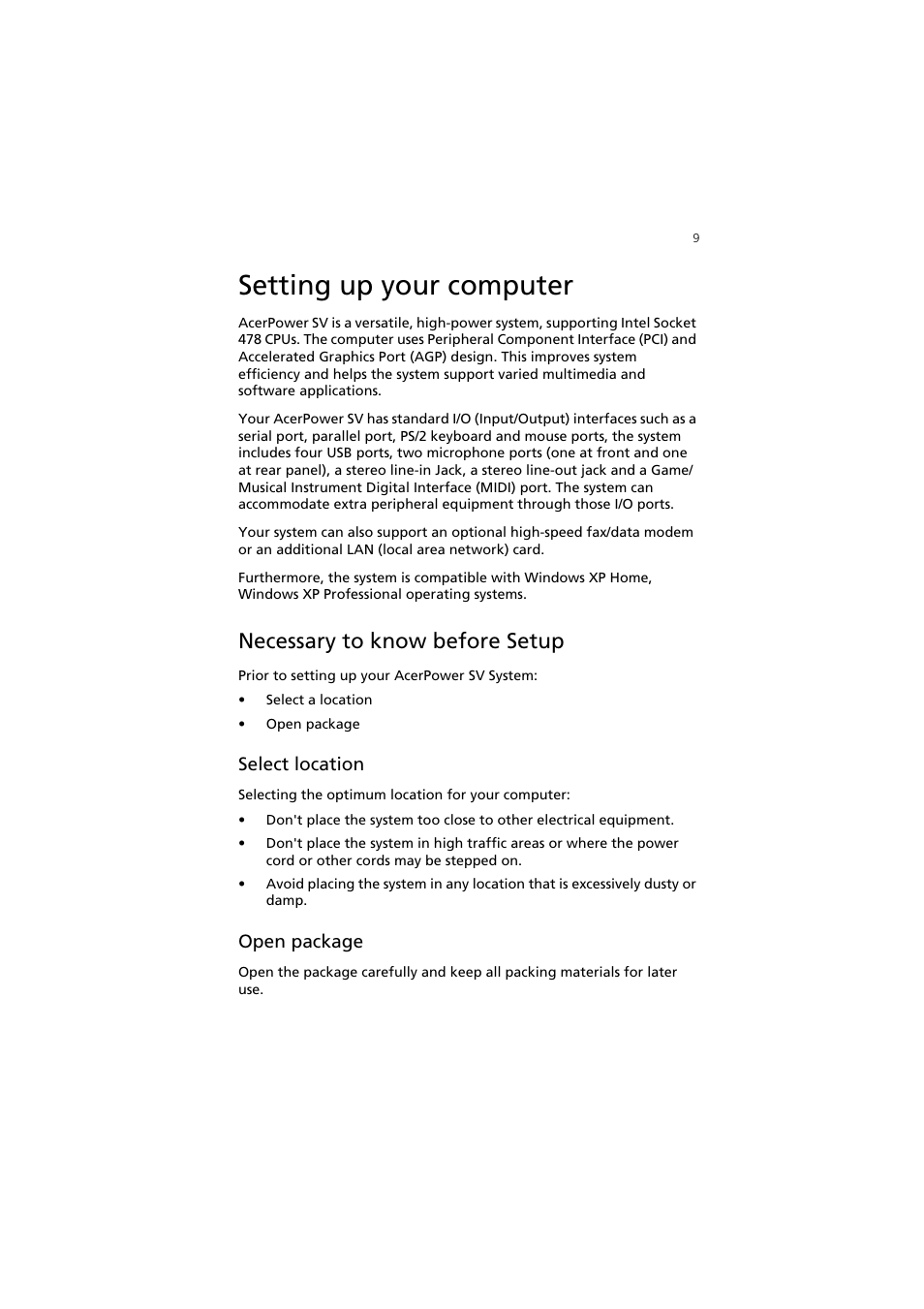 Setting up your computer, Necessary to know before setup, Select location | Open package | Acer AcerPower SV User Manual | Page 15 / 30