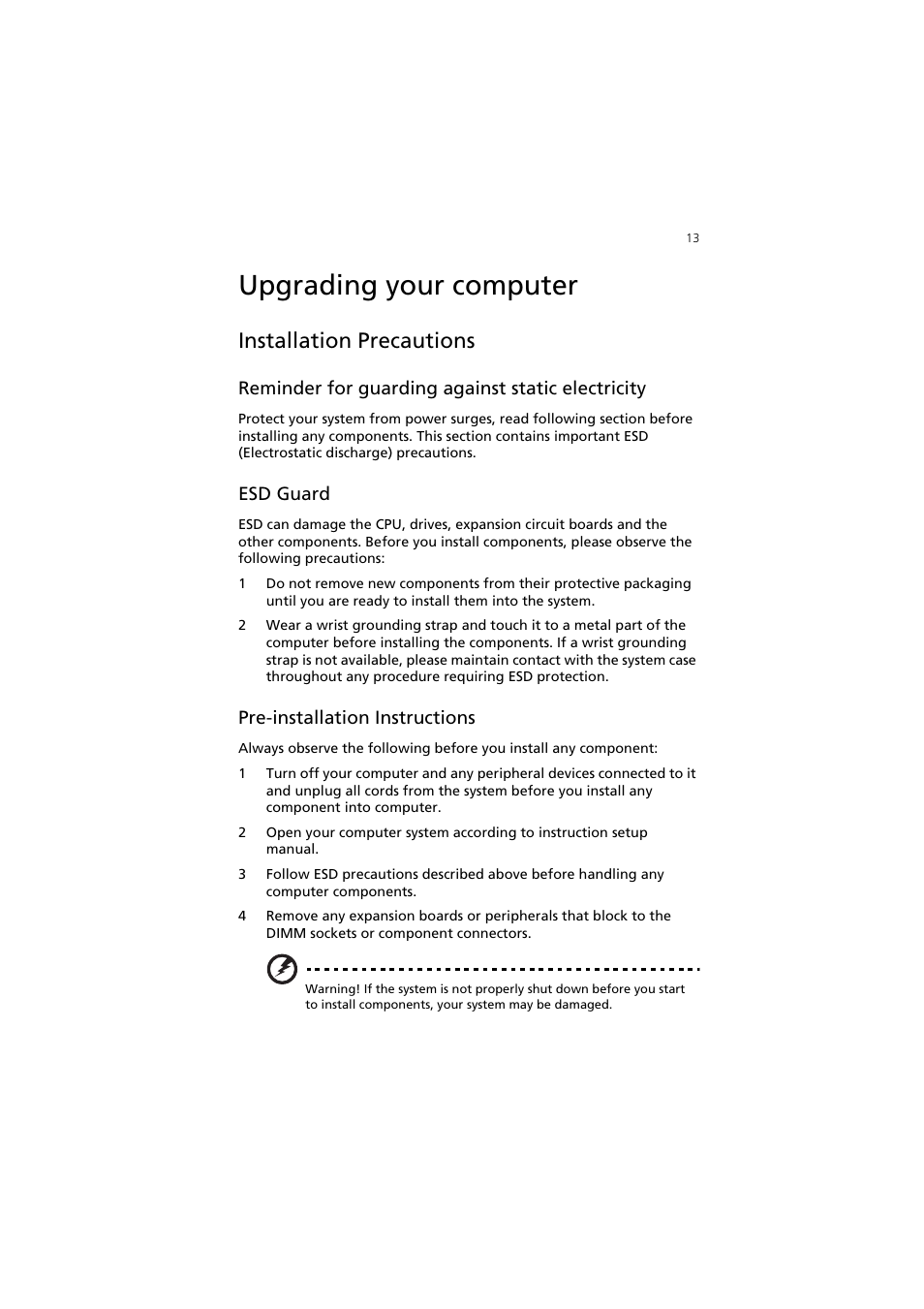 Upgrading your computer, Installation precautions, Reminder for guarding against static electricity | Esd guard, Pre-installation instructions | Acer AcerPower SV User Manual | Page 19 / 30