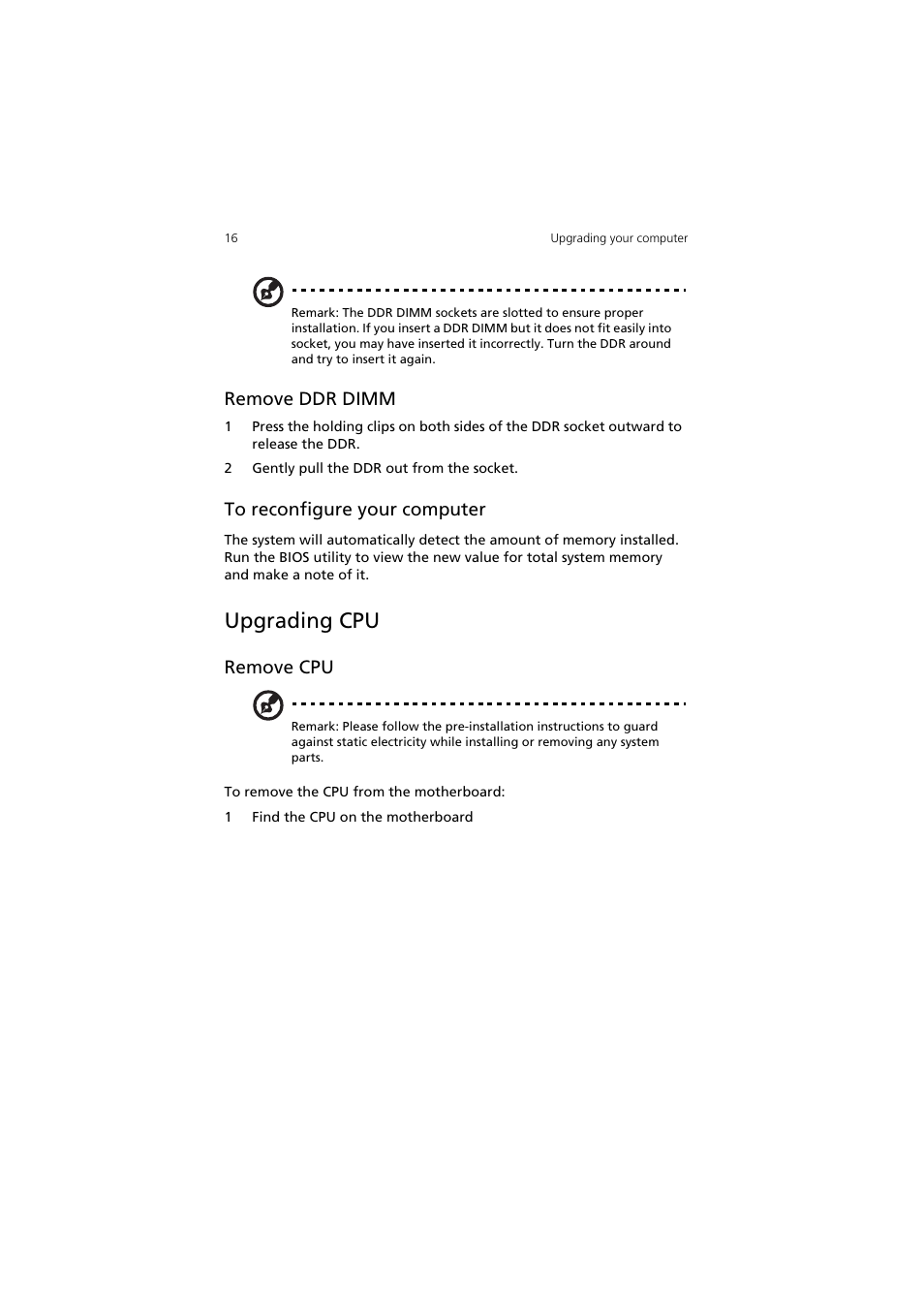 Upgrading cpu, Remove ddr dimm, To reconfigure your computer | Remove cpu | Acer AcerPower SV User Manual | Page 22 / 30