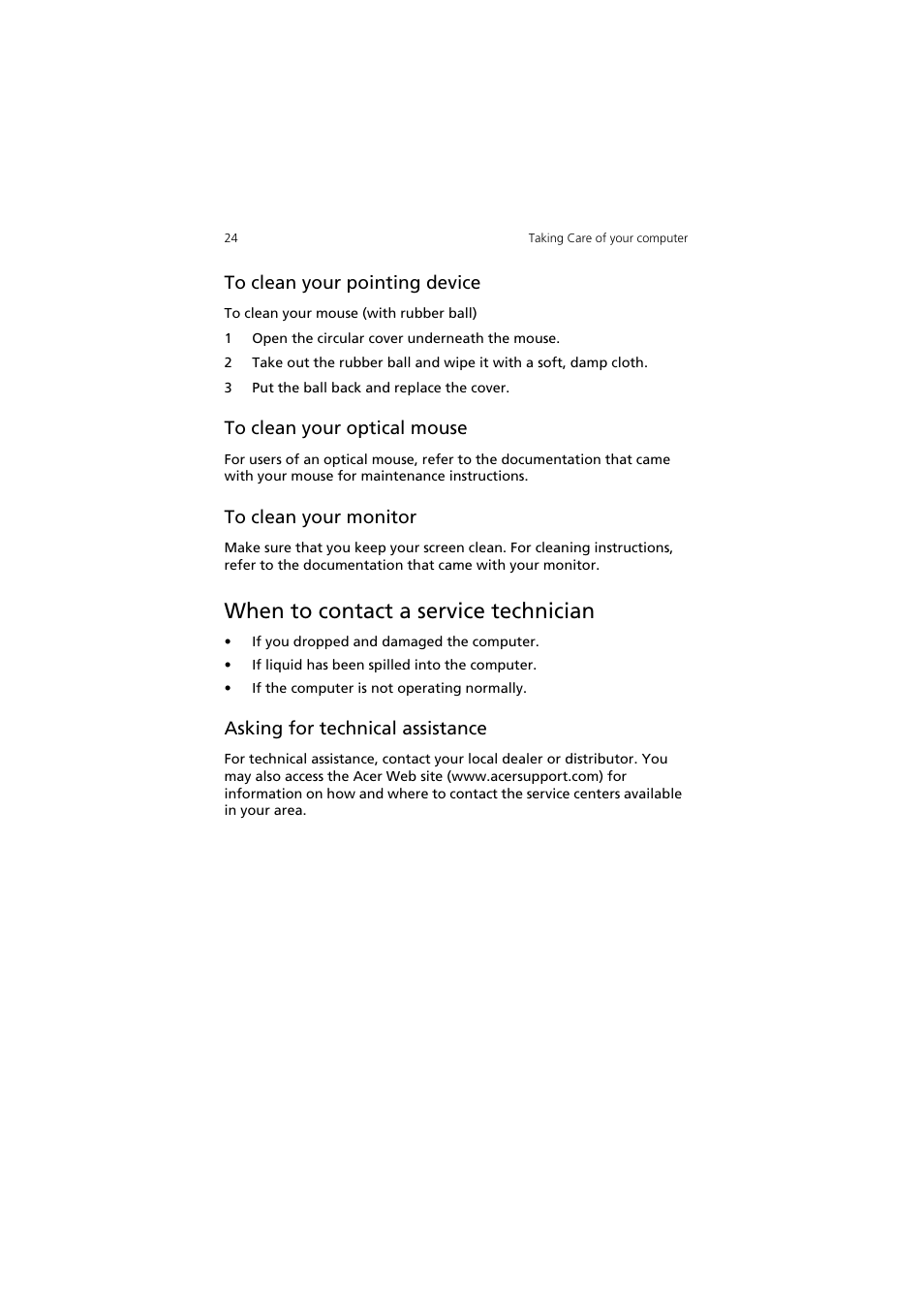 When to contact a service technician, To clean your pointing device, To clean your optical mouse | To clean your monitor, Asking for technical assistance | Acer AcerPower SV User Manual | Page 30 / 30