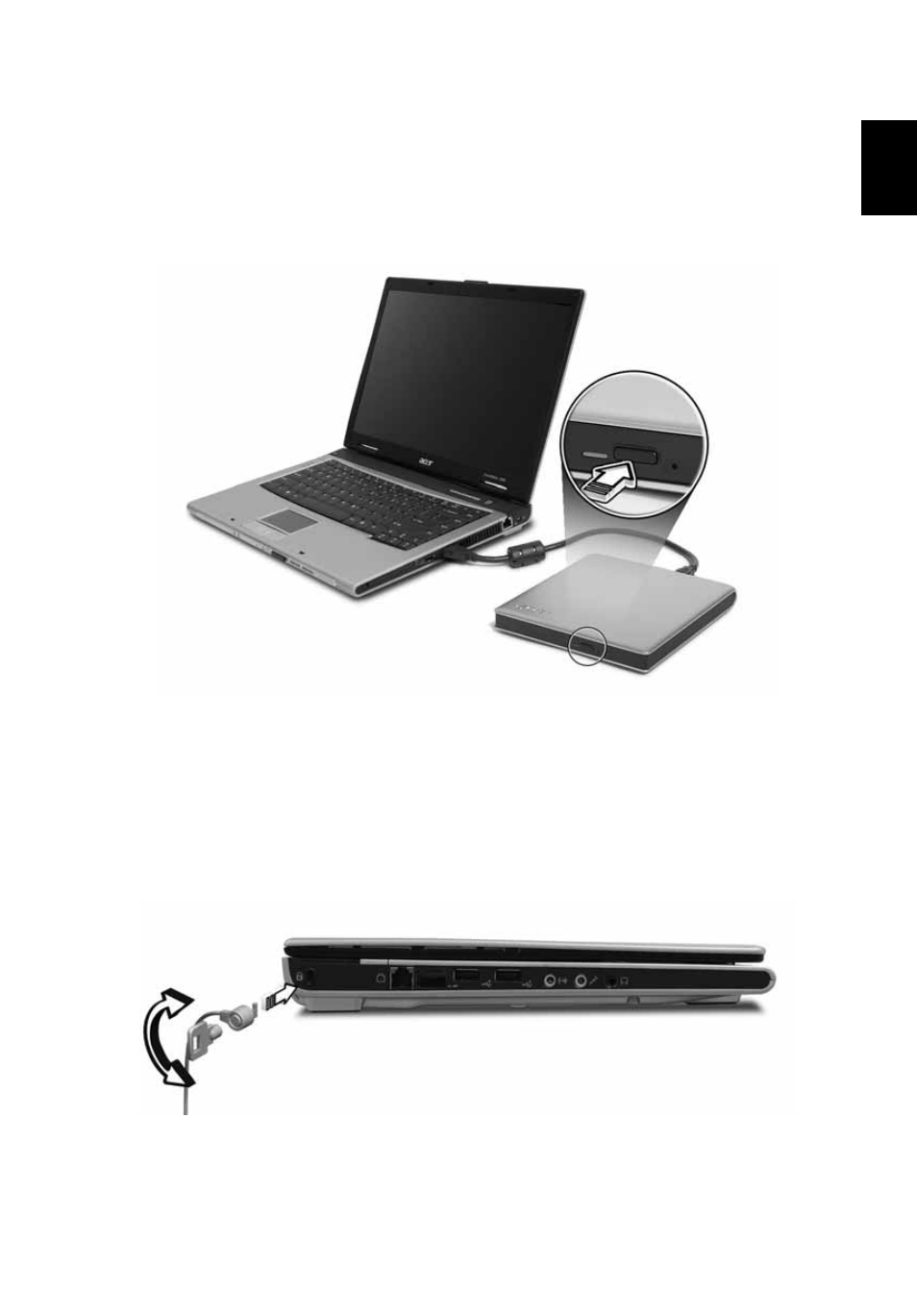 Ejecting the optical (cd or dvd) drive tray, Using a computer security lock | Acer Extensa 3100 User Manual | Page 35 / 75