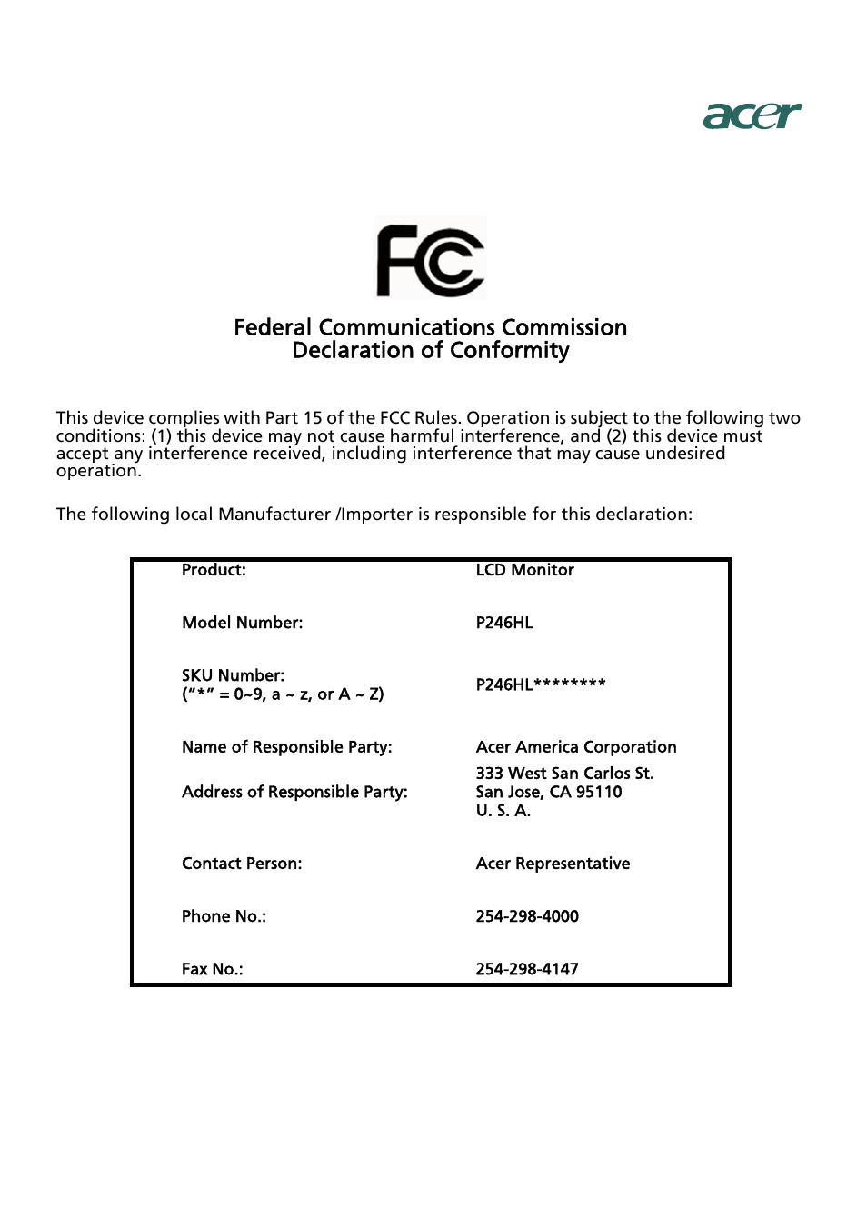 Acer P246HL User Manual | Page 23 / 23