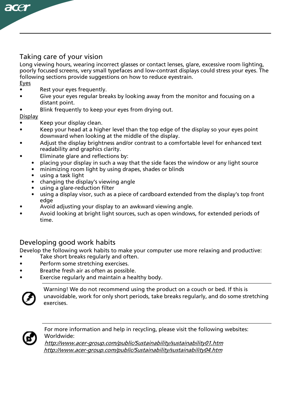 En-4 taking care of your vision, Developing good work habits | Acer P246HL User Manual | Page 5 / 23