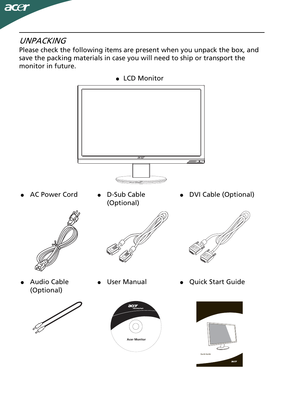Unpacking, En-5, Lcd monitor | Ac power cord, D-sub cable (optional), Dvi cable (optional), Audio cable (optional), User manual, Quick start guide | Acer P246HL User Manual | Page 6 / 23