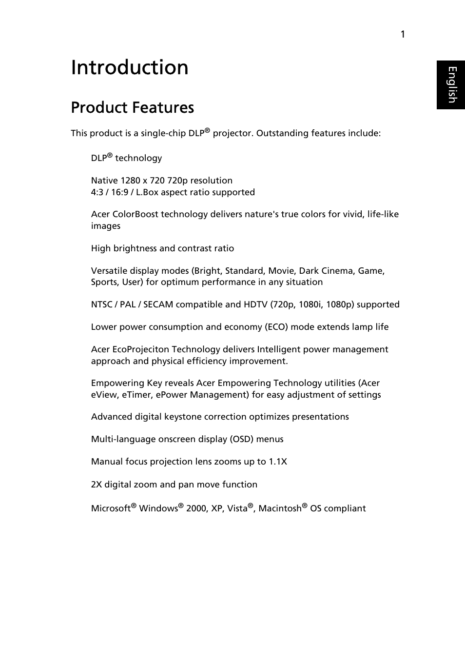 Introduction, Product features | Acer H5360 User Manual | Page 13 / 57