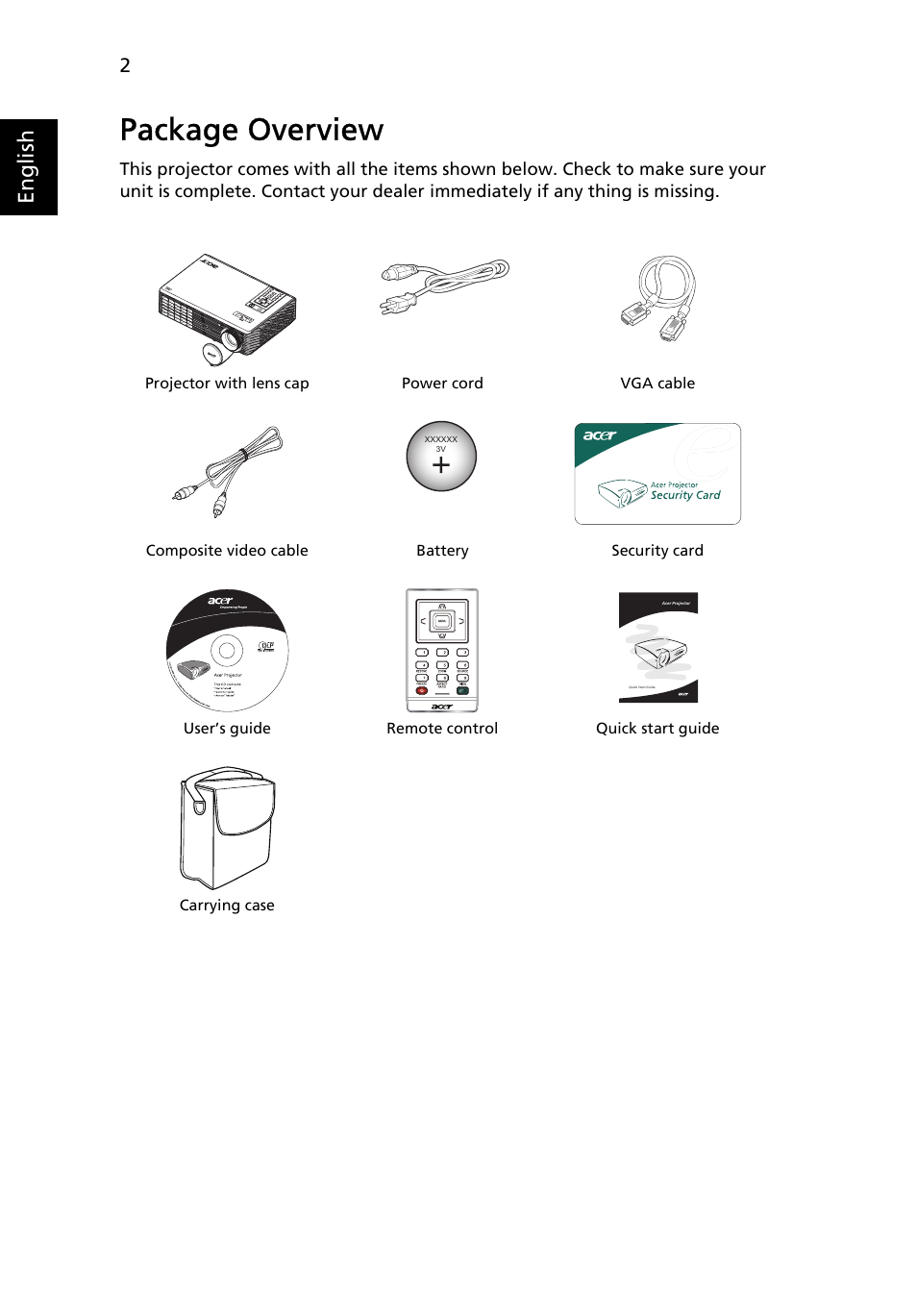Package overview, English | Acer H5360 User Manual | Page 14 / 57