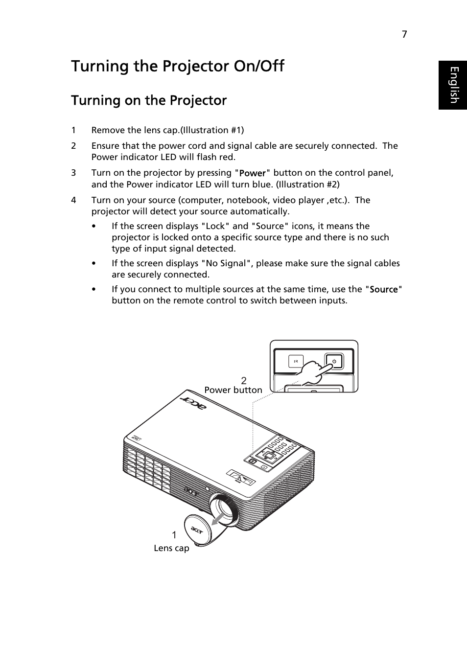 Turning the projector on/off, Turning on the projector | Acer H5360 User Manual | Page 19 / 57