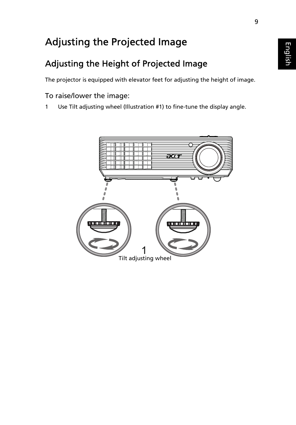 Adjusting the projected image, Adjusting the height of projected image | Acer H5360 User Manual | Page 21 / 57