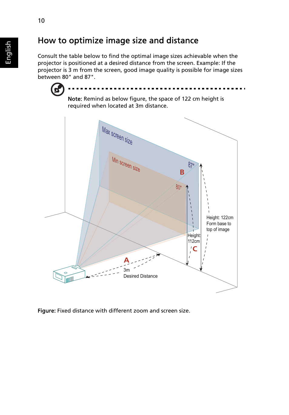 How to optimize image size and distance, Max screen size 87 | Acer H5360 User Manual | Page 22 / 57