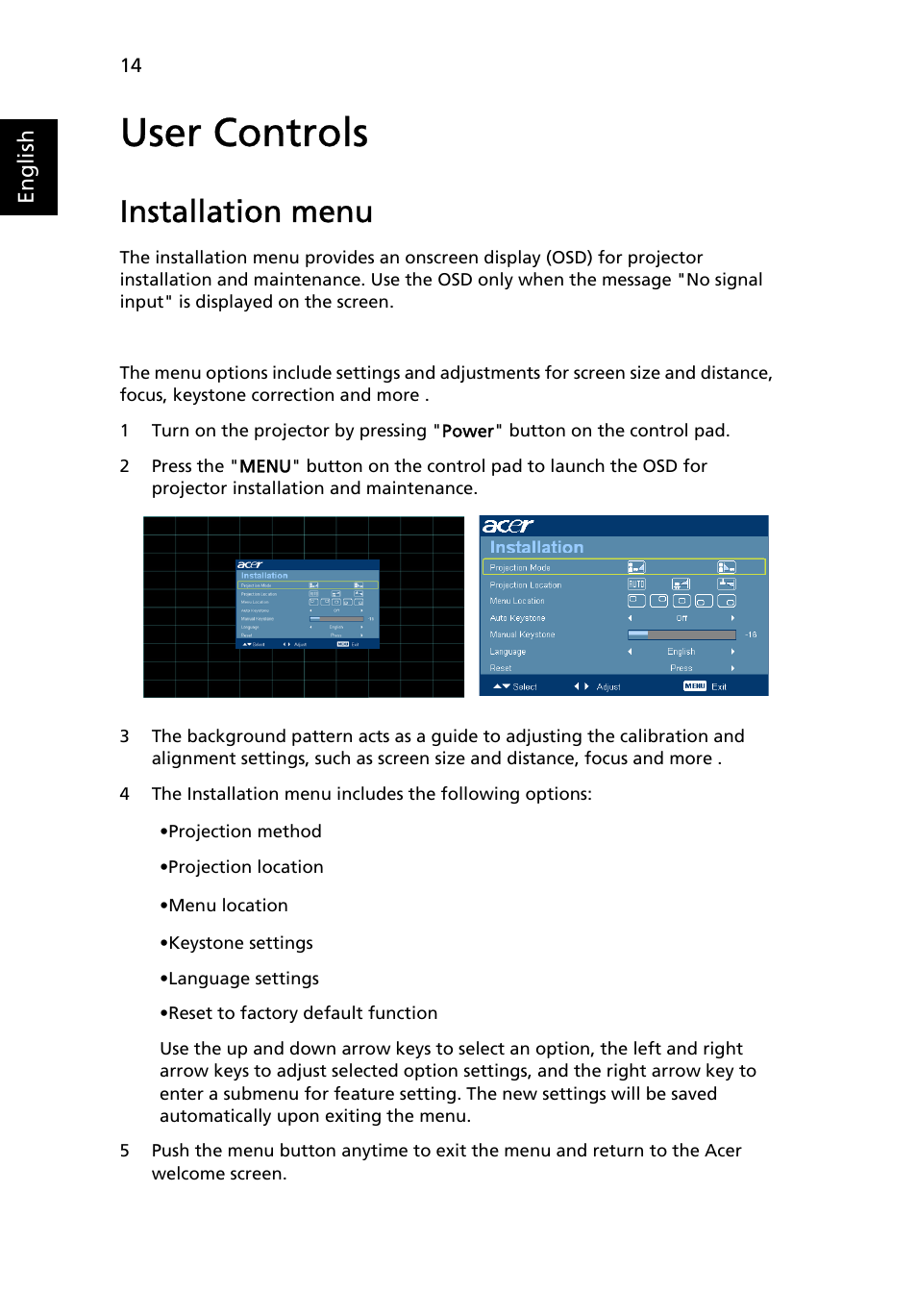 User controls, Installation menu | Acer H5360 User Manual | Page 26 / 57