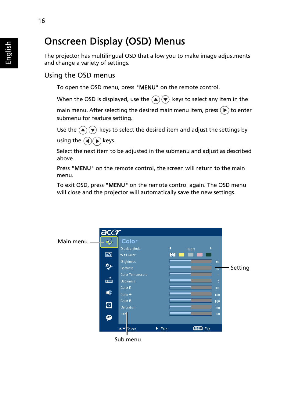 Onscreen display (osd) menus | Acer H5360 User Manual | Page 28 / 57