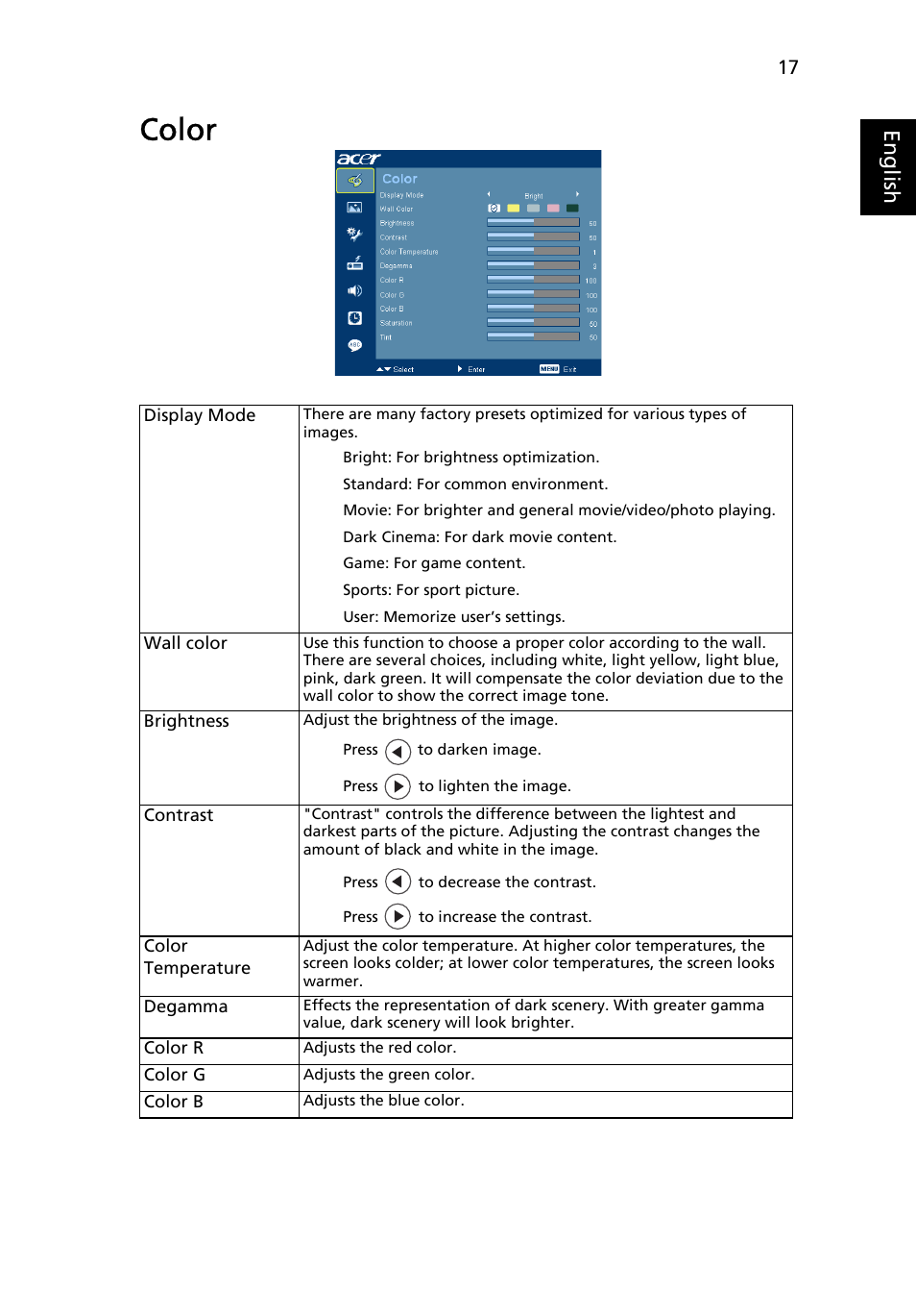 Color, Eng lis h | Acer H5360 User Manual | Page 29 / 57