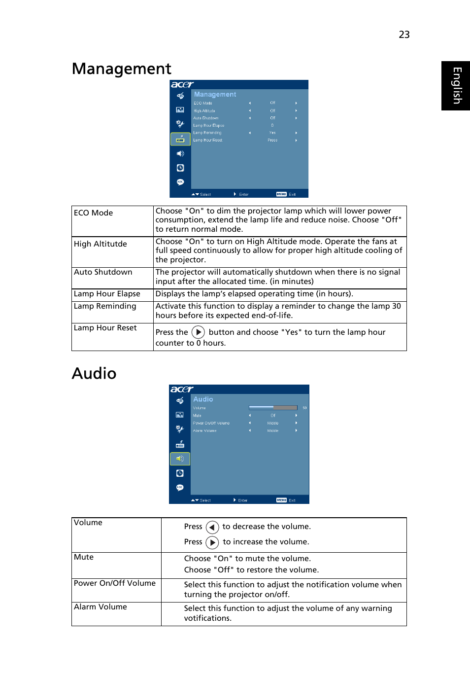 Management, Audio, Management audio | Eng lis h | Acer H5360 User Manual | Page 35 / 57