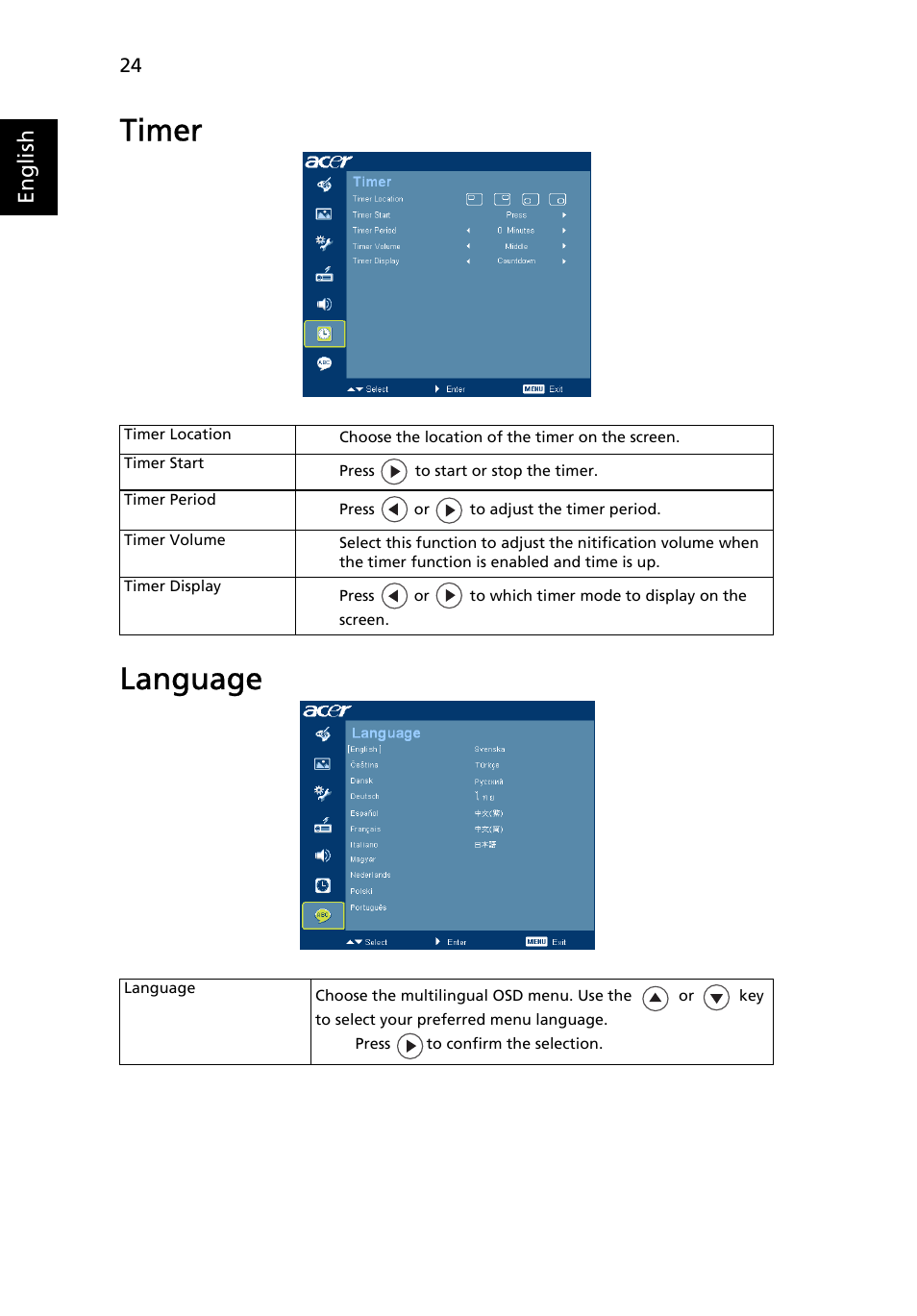 Timer, Language, Timer language | English | Acer H5360 User Manual | Page 36 / 57