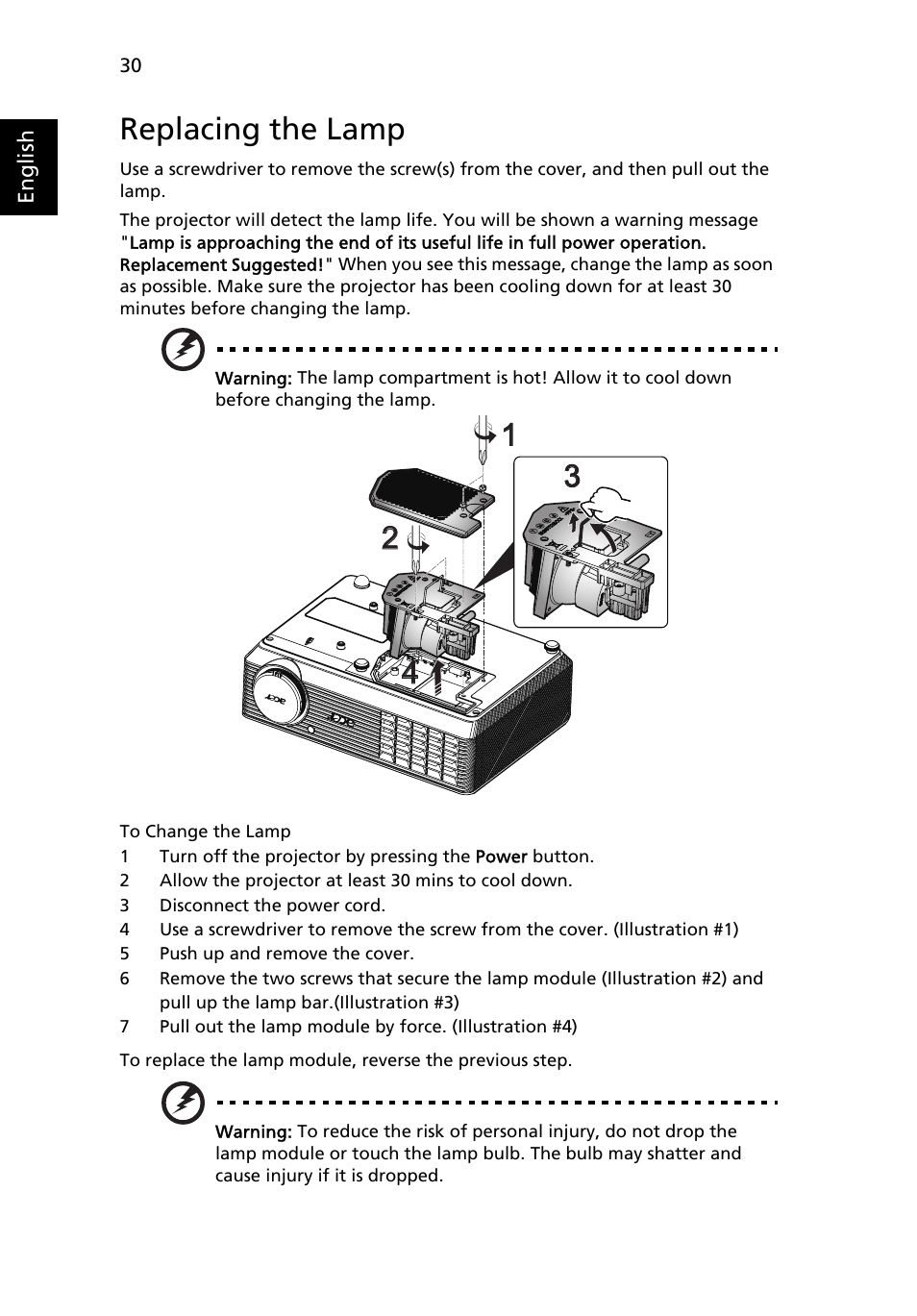 Replacing the lamp | Acer H5360 User Manual | Page 42 / 57