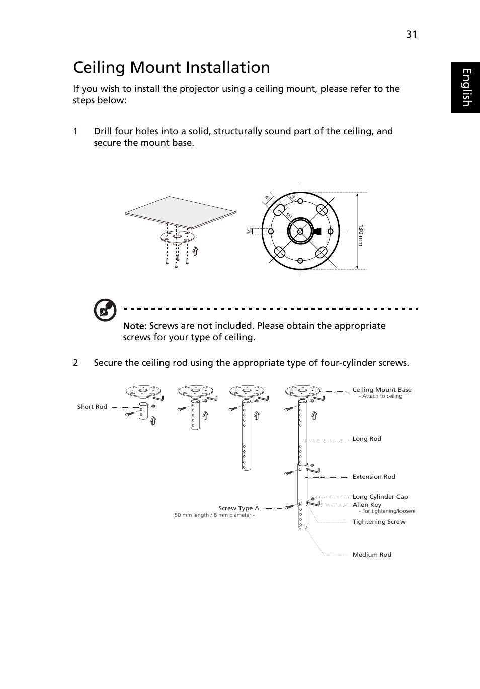 Ceiling mount installation, Eng lis h | Acer H5360 User Manual | Page 43 / 57