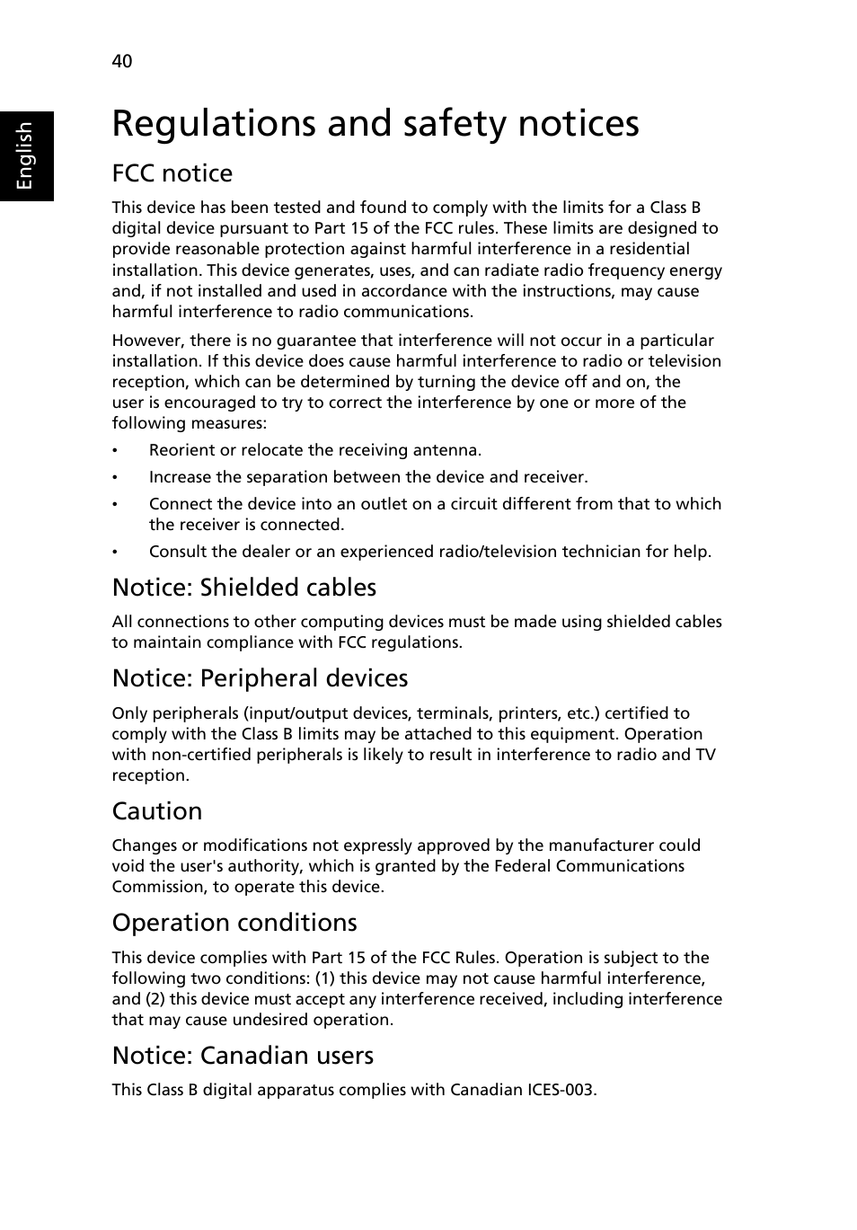 Regulations and safety notices, Fcc notice, Notice: shielded cables | Notice: peripheral devices, Caution, Operation conditions, Notice: canadian users | Acer H5360 User Manual | Page 52 / 57