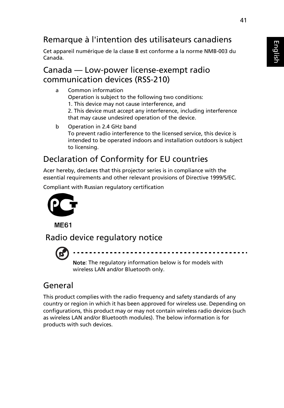 Remarque à l'intention des utilisateurs canadiens, Declaration of conformity for eu countries, Radio device regulatory notice | General | Acer H5360 User Manual | Page 53 / 57