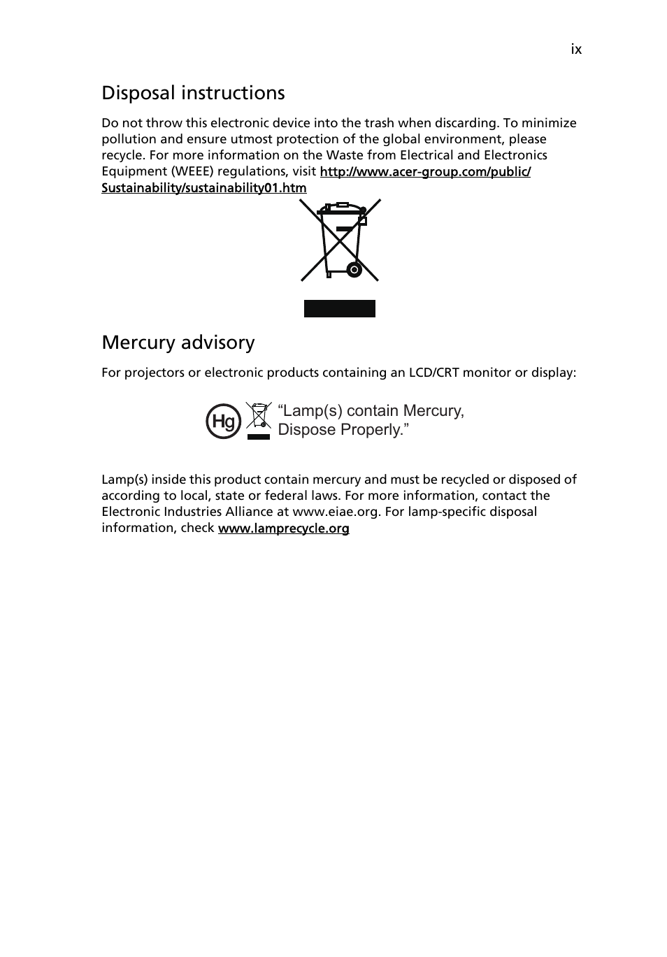 Disposal instructions, Mercury advisory | Acer H5360 User Manual | Page 9 / 57