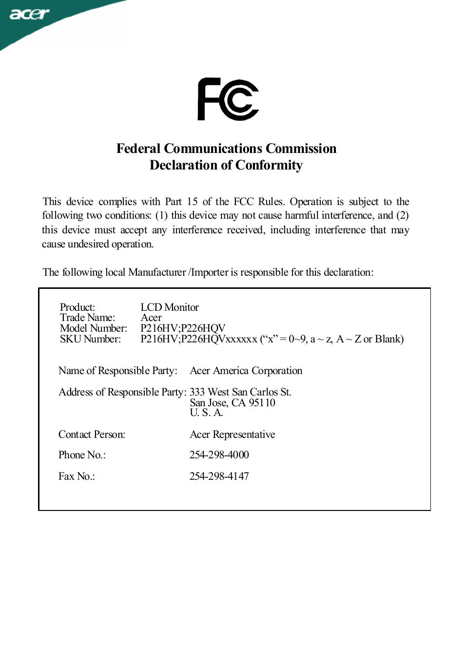 Acer P226HQV User Manual | Page 23 / 23