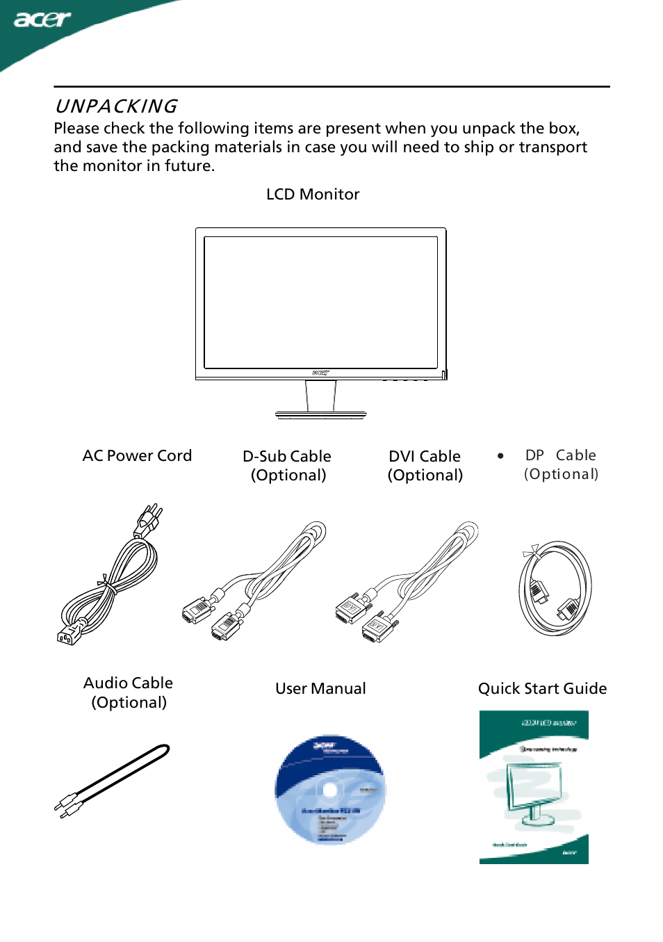 Unpacking | Acer P226HQV User Manual | Page 6 / 23
