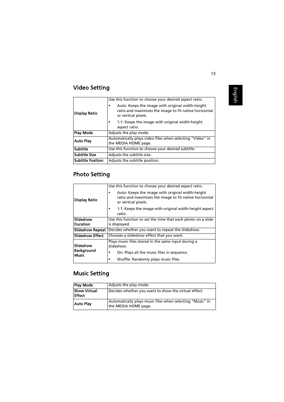 Video setting, Photo setting, Music setting | Video setting photo setting music setting | Acer P5207B User Manual | Page 13 / 53