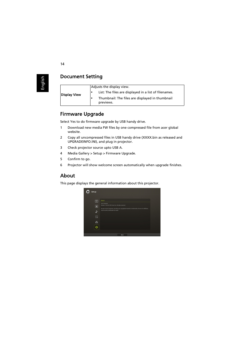 Document setting, Firmware upgrade, About | Document setting firmware upgrade | Acer P5207B User Manual | Page 14 / 53