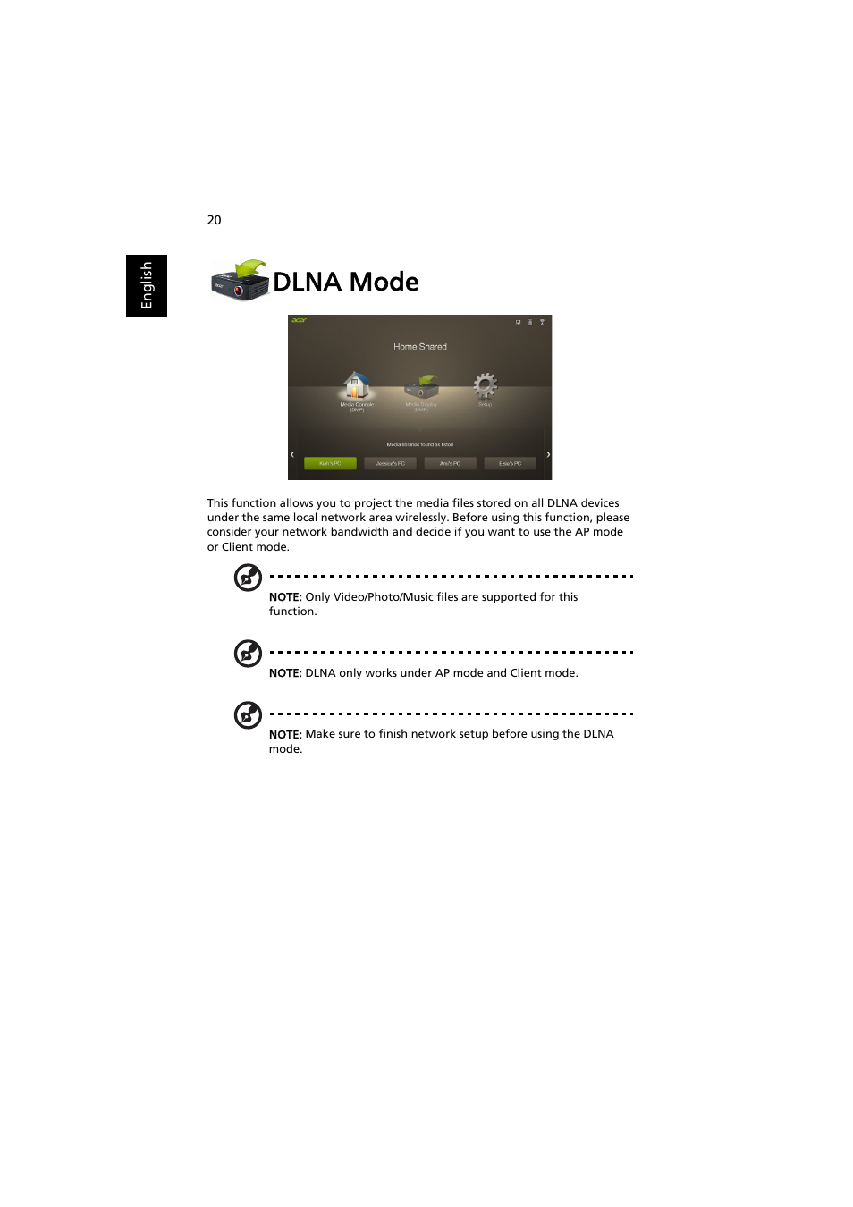 Dlna mode | Acer P5207B User Manual | Page 20 / 53