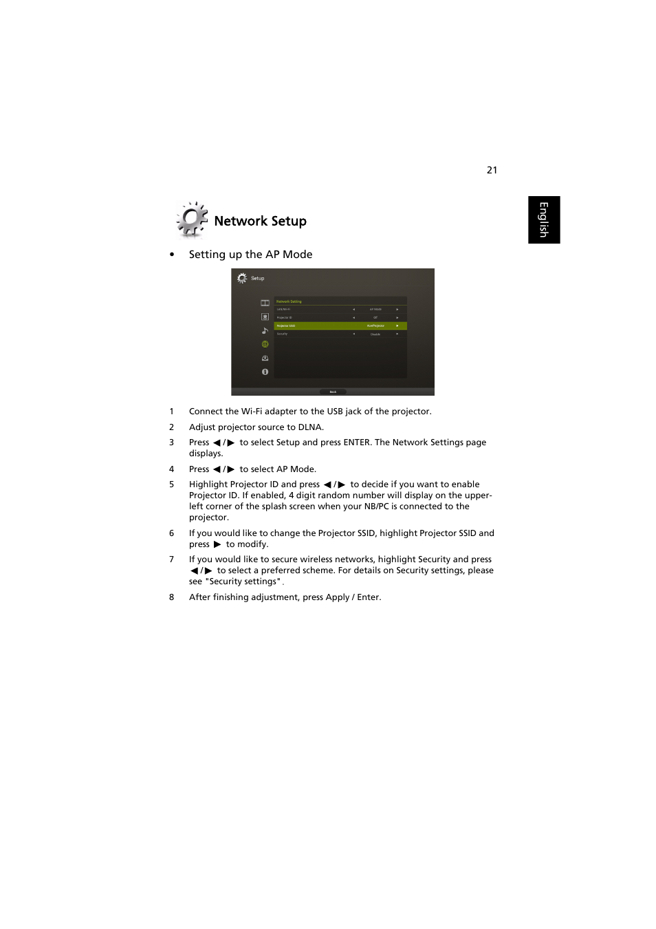 Network setup | Acer P5207B User Manual | Page 21 / 53