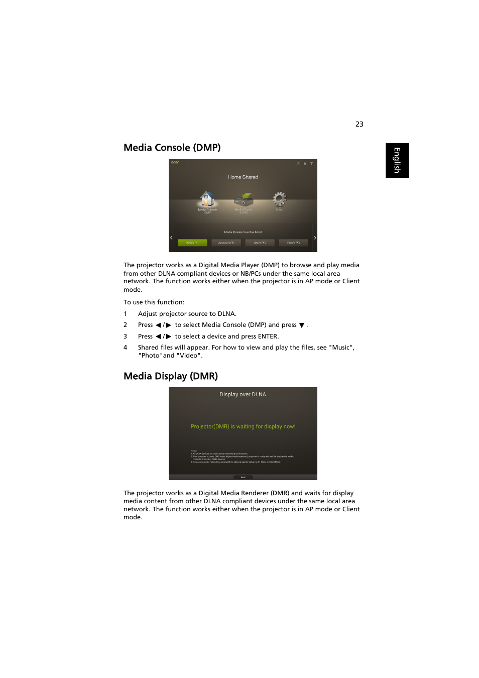 Media console (dmp), Media display (dmr) | Acer P5207B User Manual | Page 23 / 53