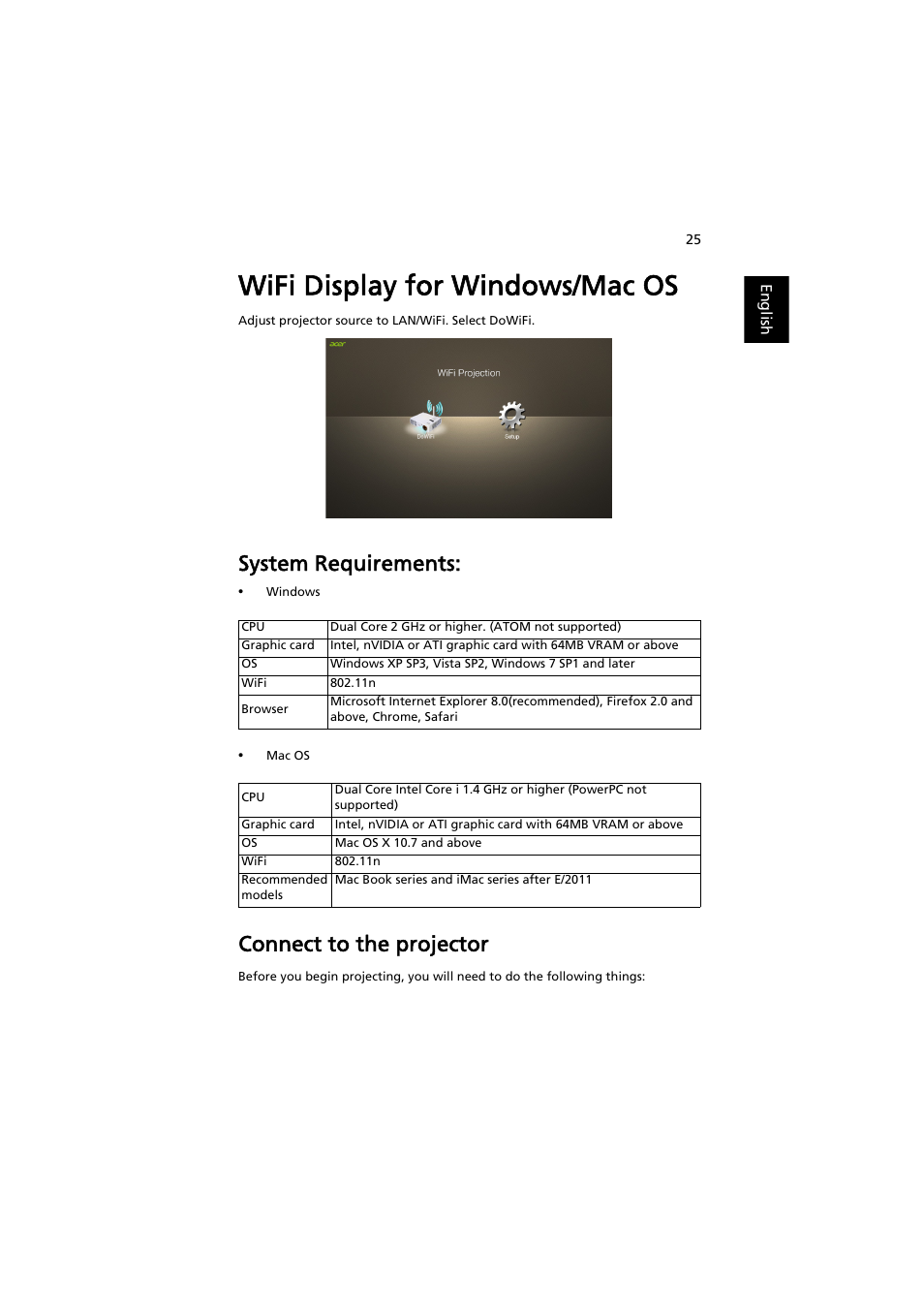 Wifi display for windows/mac os, System requirements, Connect to the projector | Acer P5207B User Manual | Page 25 / 53