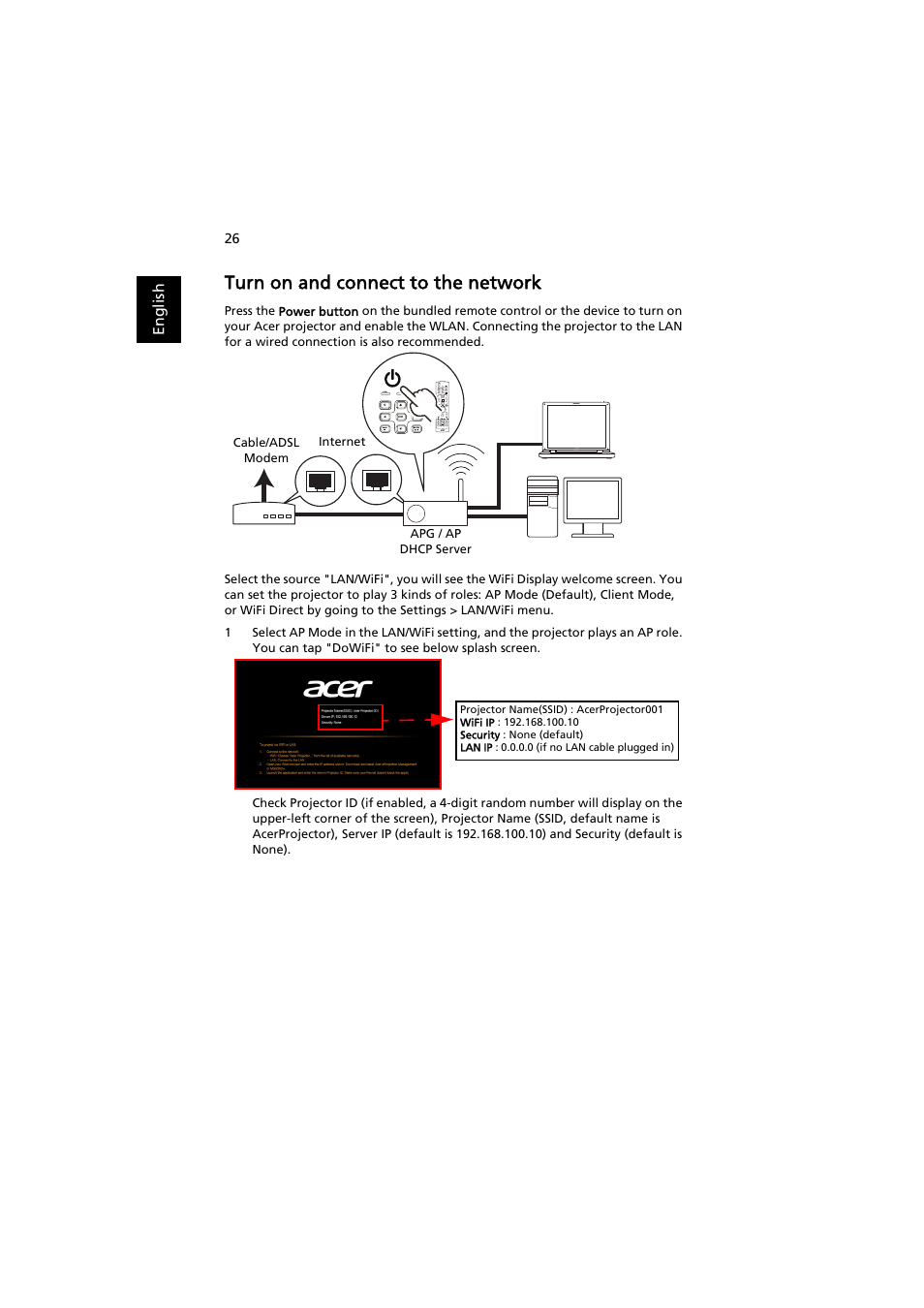 Turn on and connect to the network | Acer P5207B User Manual | Page 26 / 53