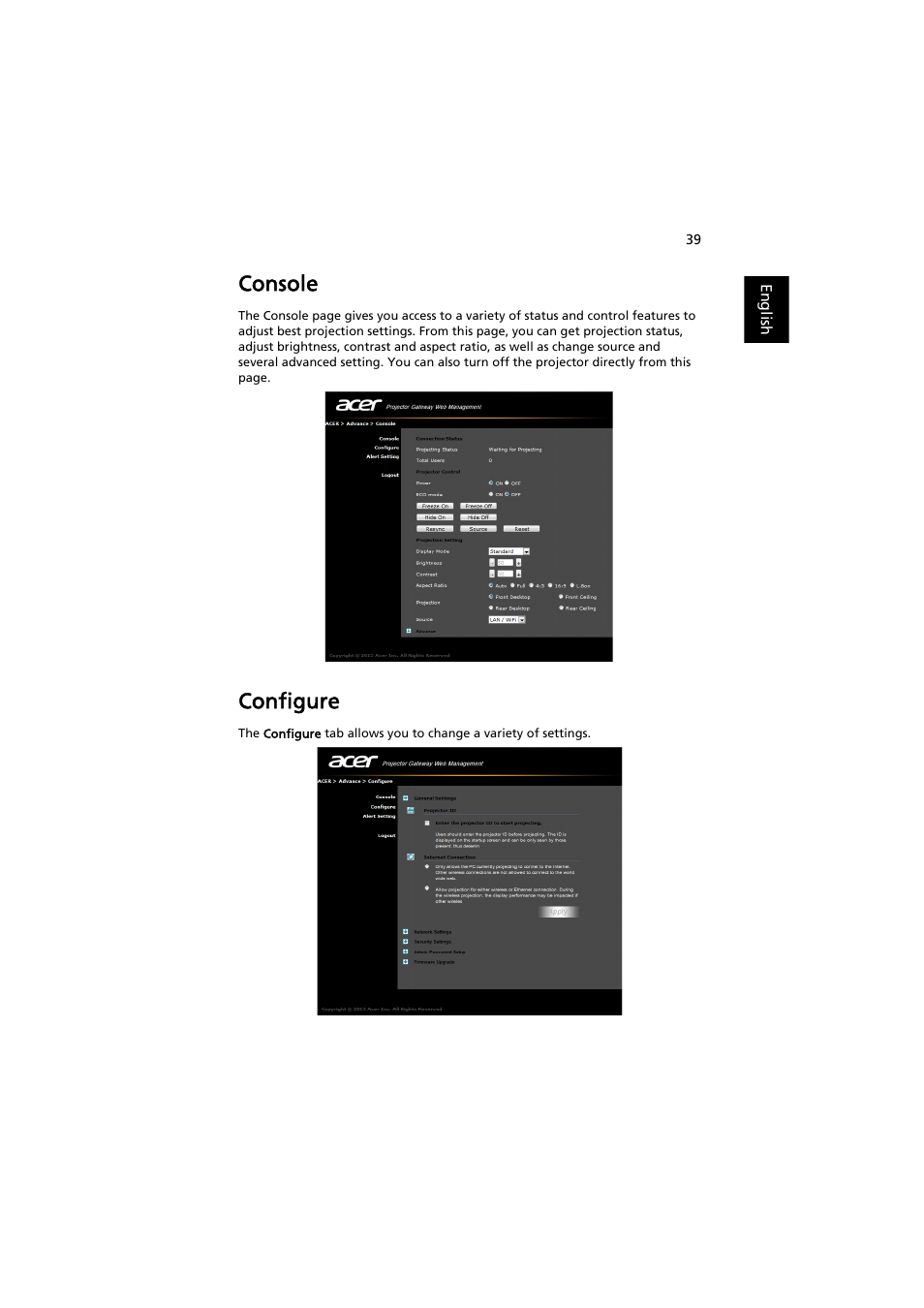 Console, Configure | Acer P5207B User Manual | Page 39 / 53